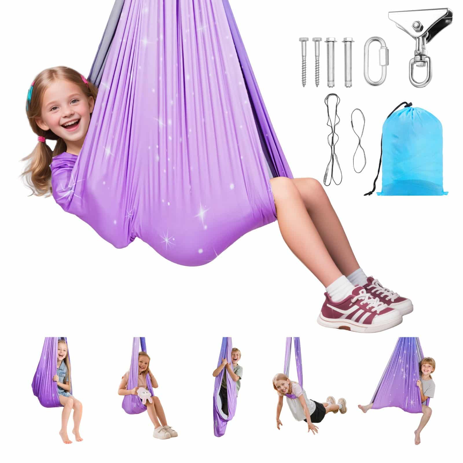 VEVOR Sensory Swing for Kids, Double-Layer Spandex Hammock with 360° Swivel, Indoor/Outdoor Therapy Swing, 136 kg Capacity — Attēls 9
