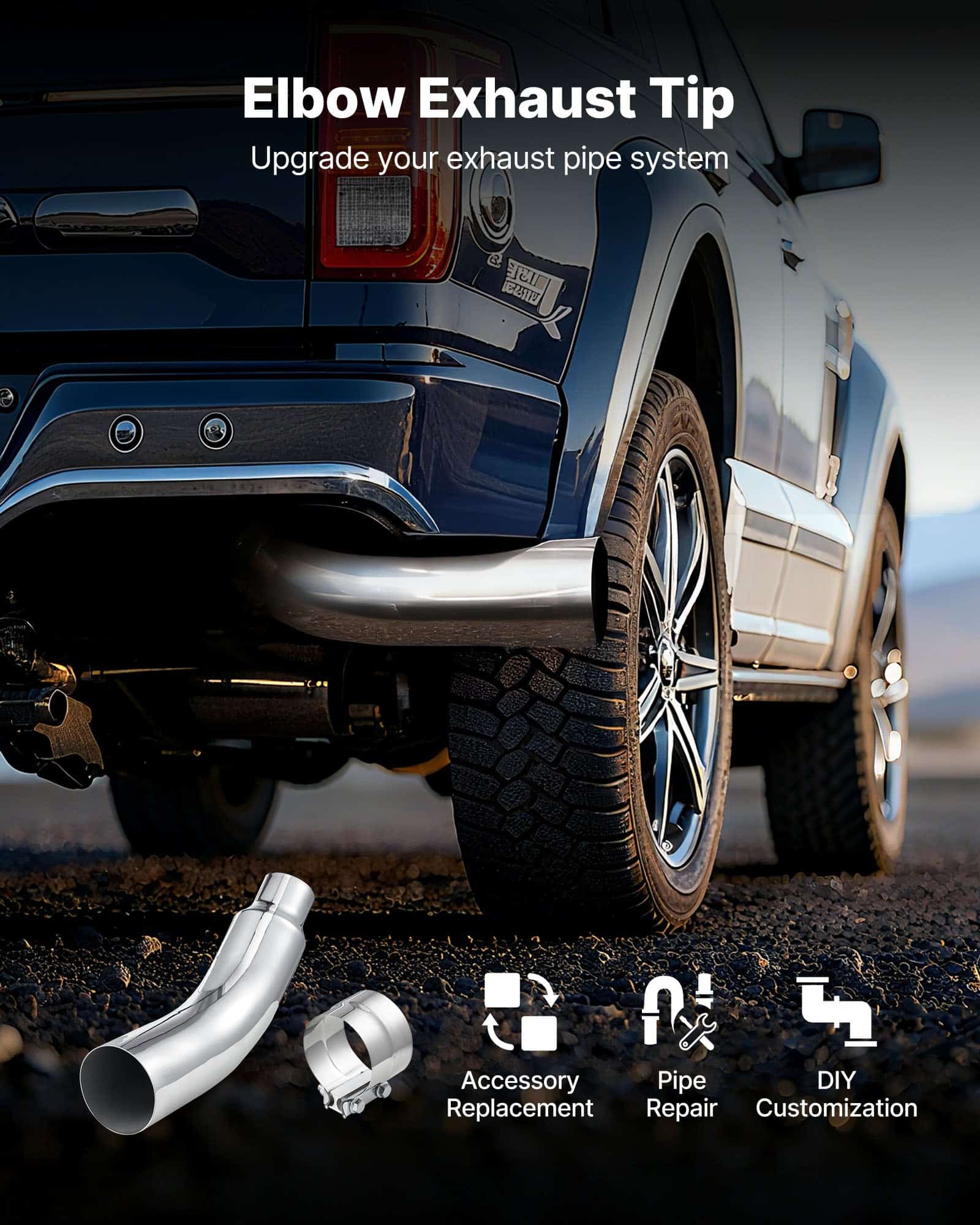 VEVOR Chrome Elbow Exhaust Tip 101.6mm Inlet 152.4mm Outlet 584mm Length with Clamp for Truck/Sedan/SUV/Sports Car - Зображення 2