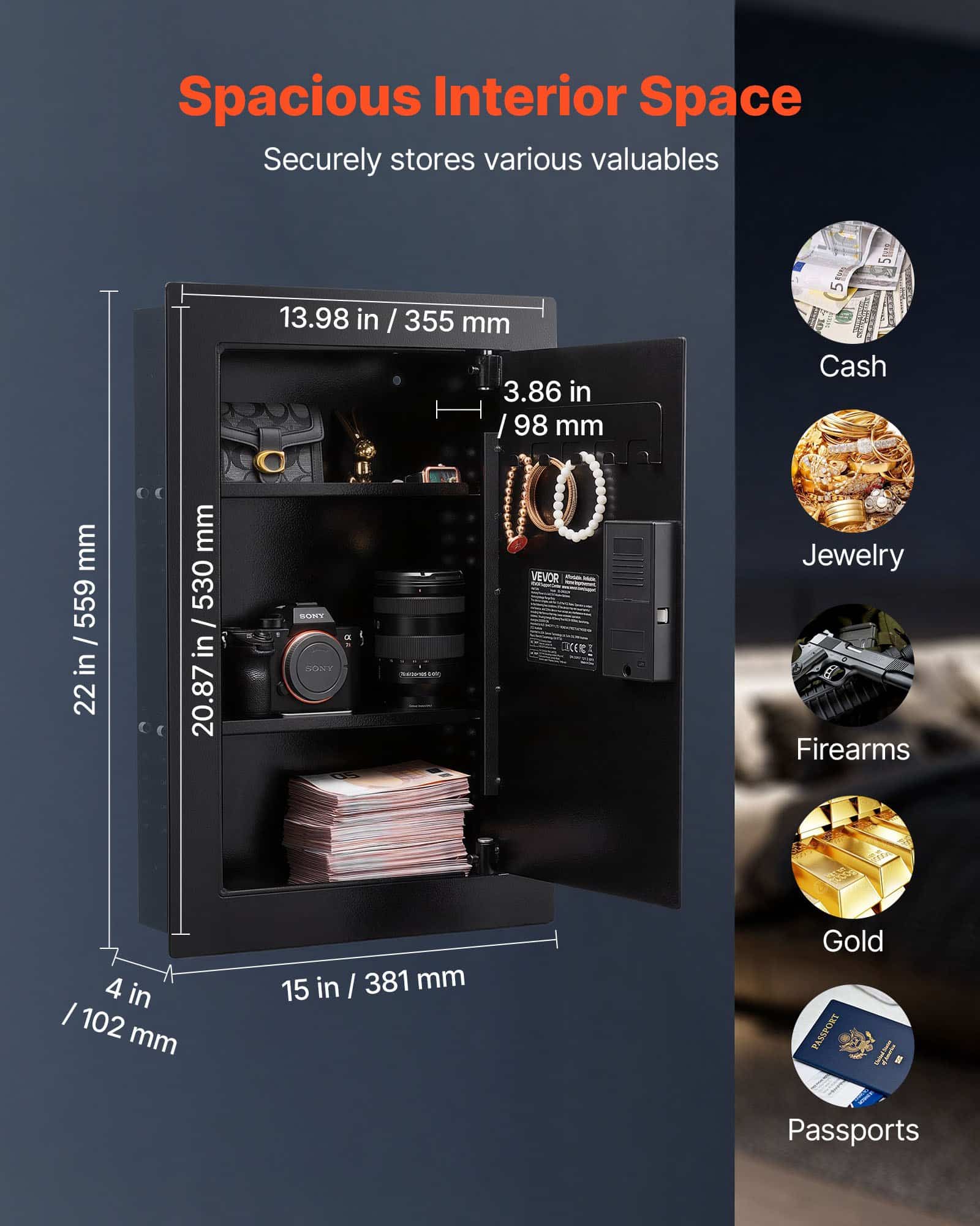 VEVOR 3-Tier Wall Safe with Fingerprint, Password & Key Access, Steel In-Wall Safe with Adjustable Shelves, 98x350x527 mm — Attēls 2