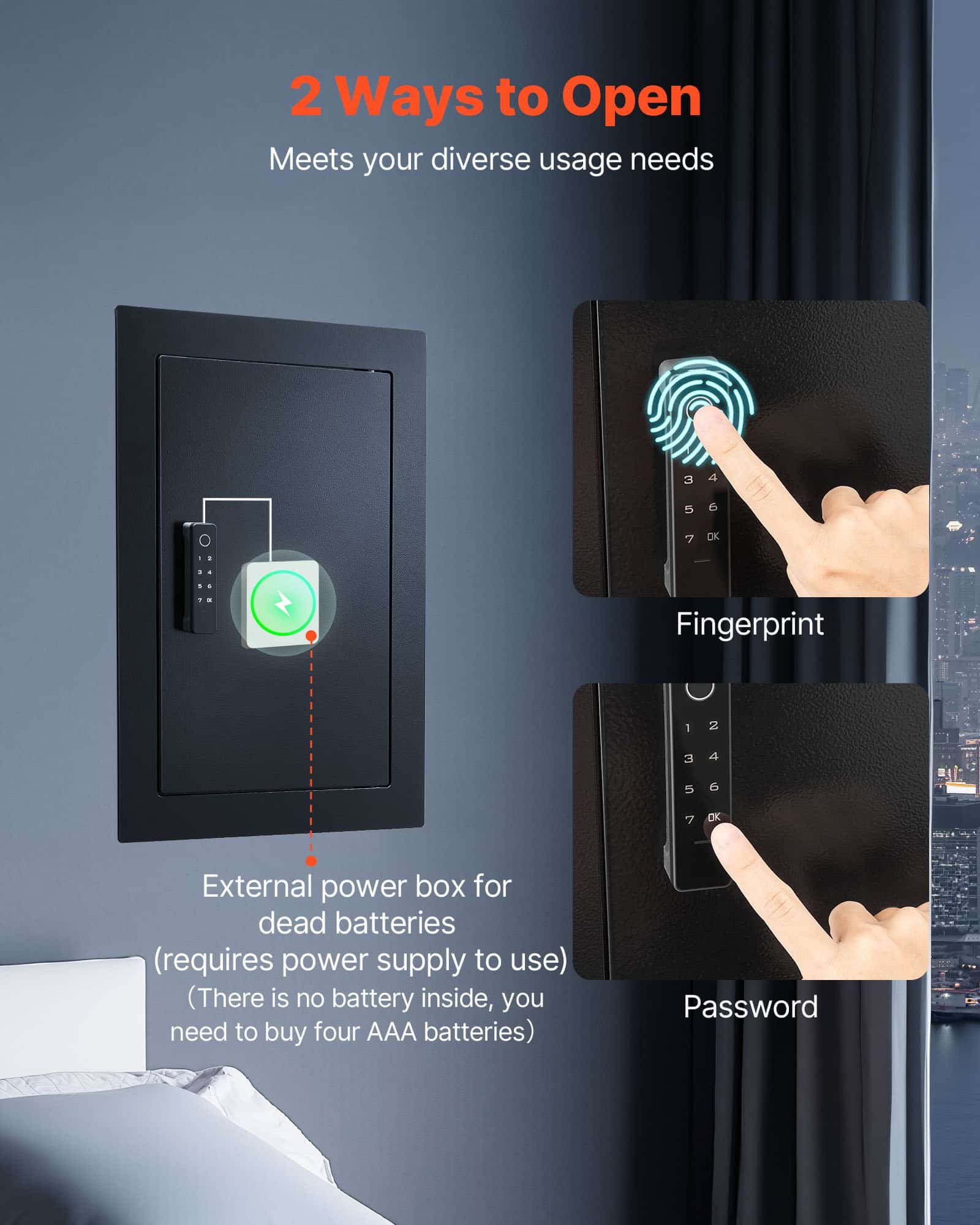 VEVOR 3-Tier Wall Safe with Fingerprint, Password & Key Access, Steel In-Wall Safe with Adjustable Shelves, 98x350x527 mm — Attēls 4