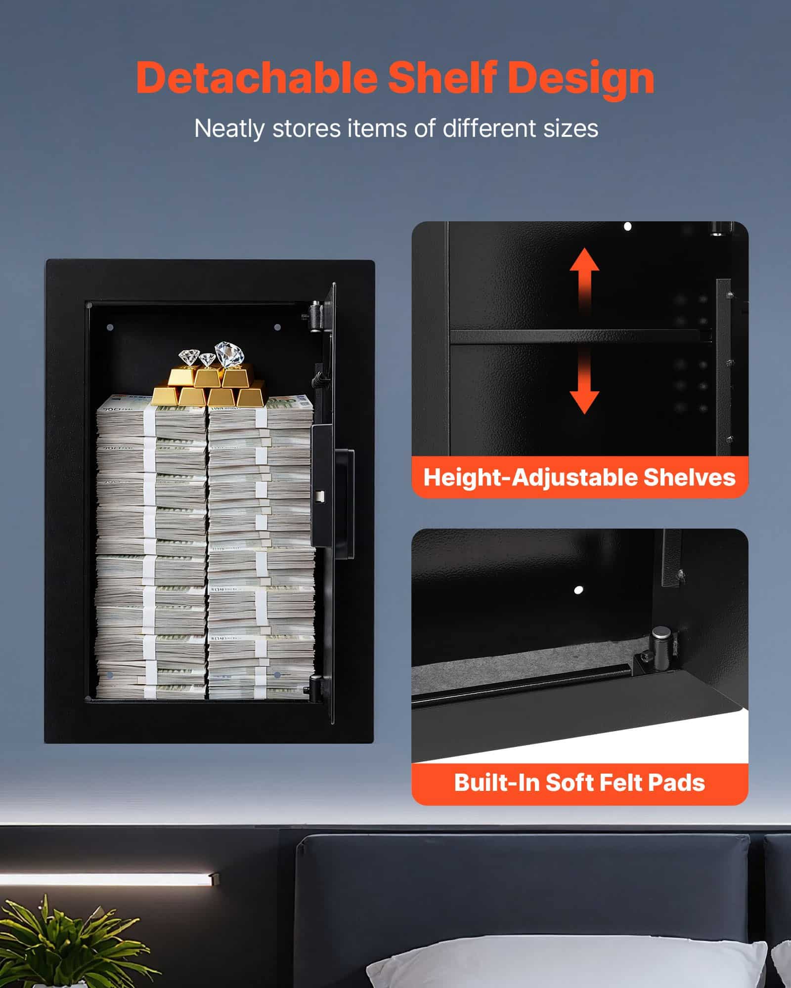 VEVOR 3-Tier Wall Safe with Fingerprint, Password & Key Access, Steel In-Wall Safe with Adjustable Shelves, 98x350x527 mm — Attēls 5