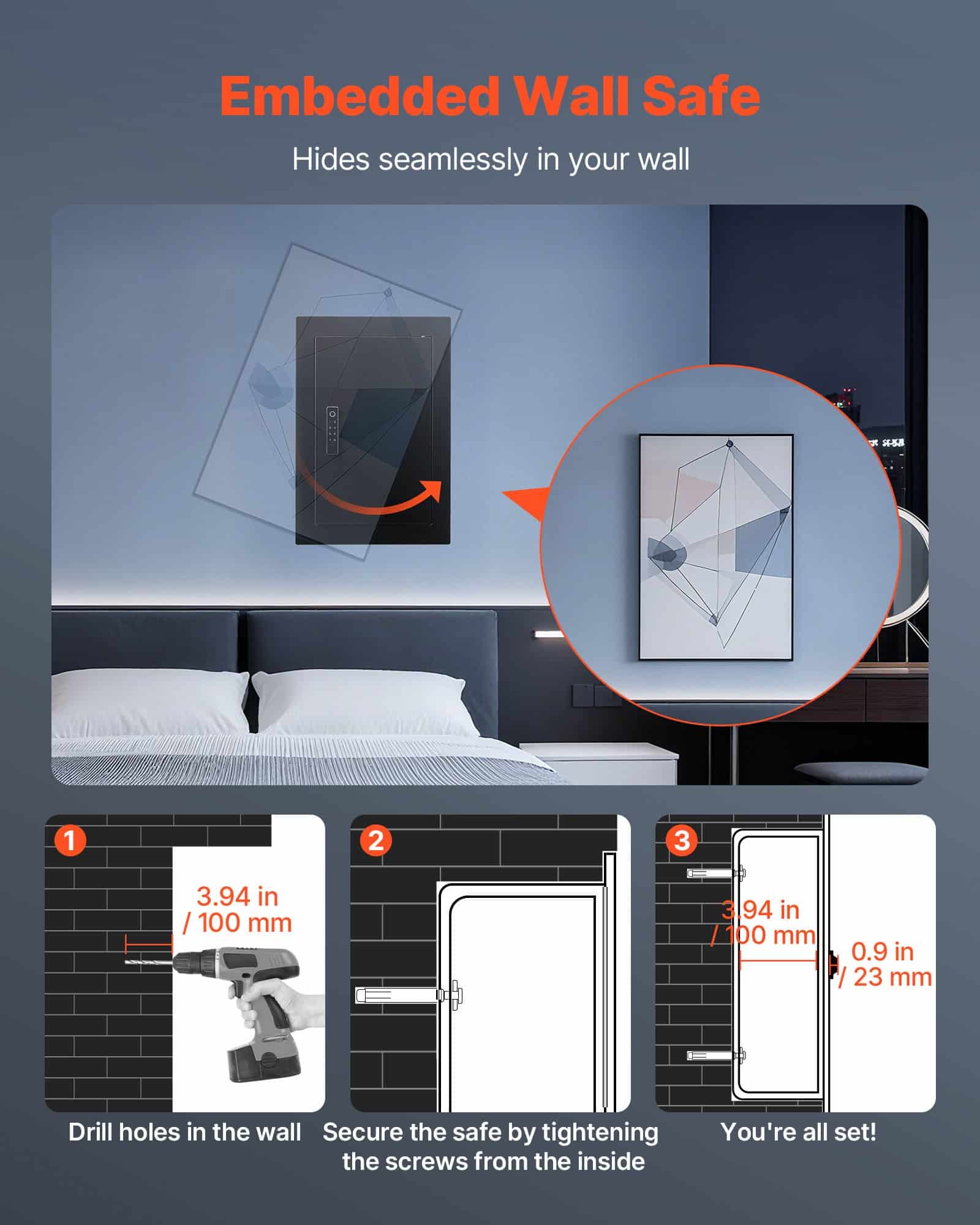 VEVOR 3-Tier Wall Safe with Fingerprint, Password & Key Access, Steel In-Wall Safe with Adjustable Shelves, 98x350x527 mm — Attēls 6