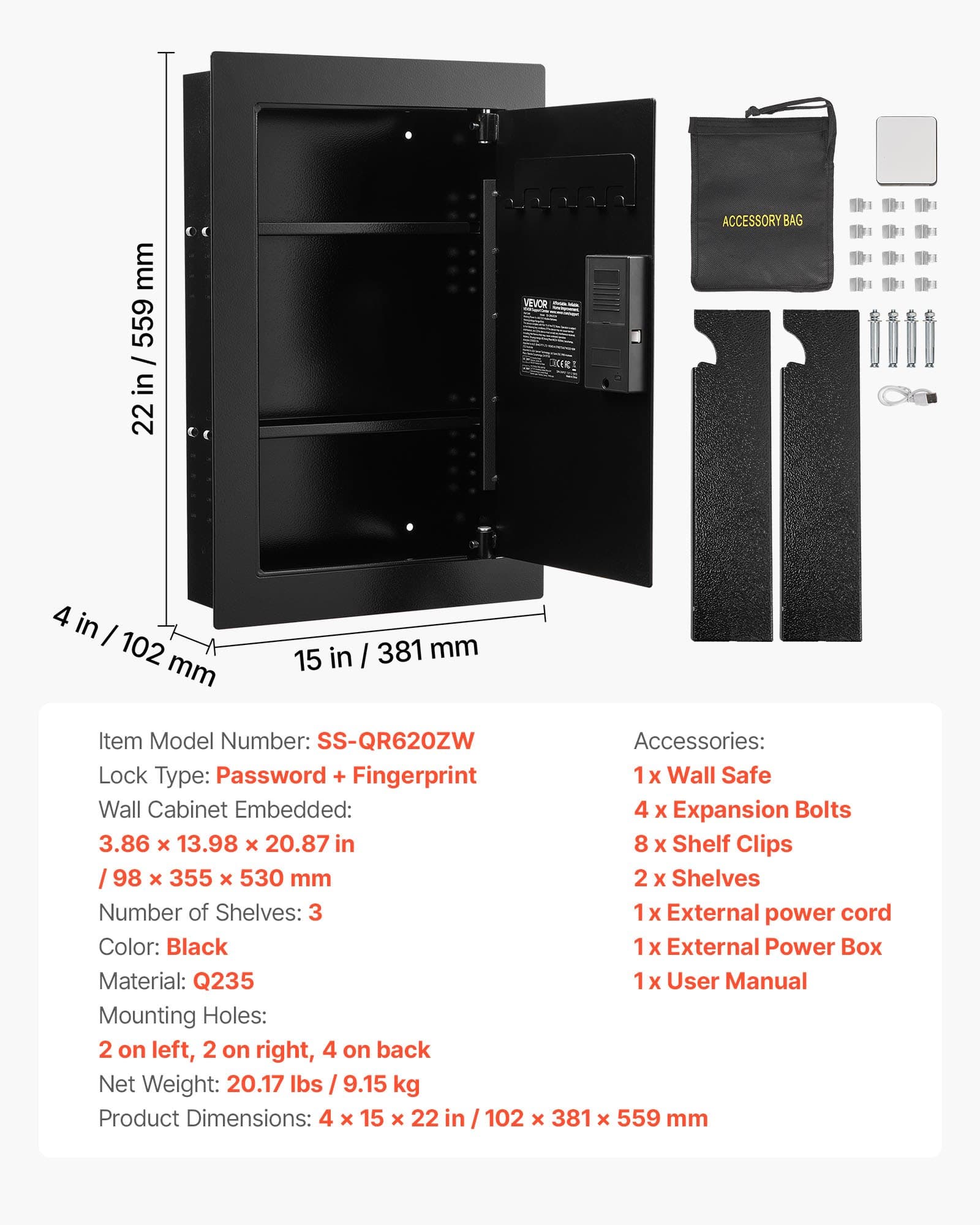 VEVOR 3-Tier Wall Safe with Fingerprint, Password & Key Access, Steel In-Wall Safe with Adjustable Shelves, 98x350x527 mm — Attēls 7