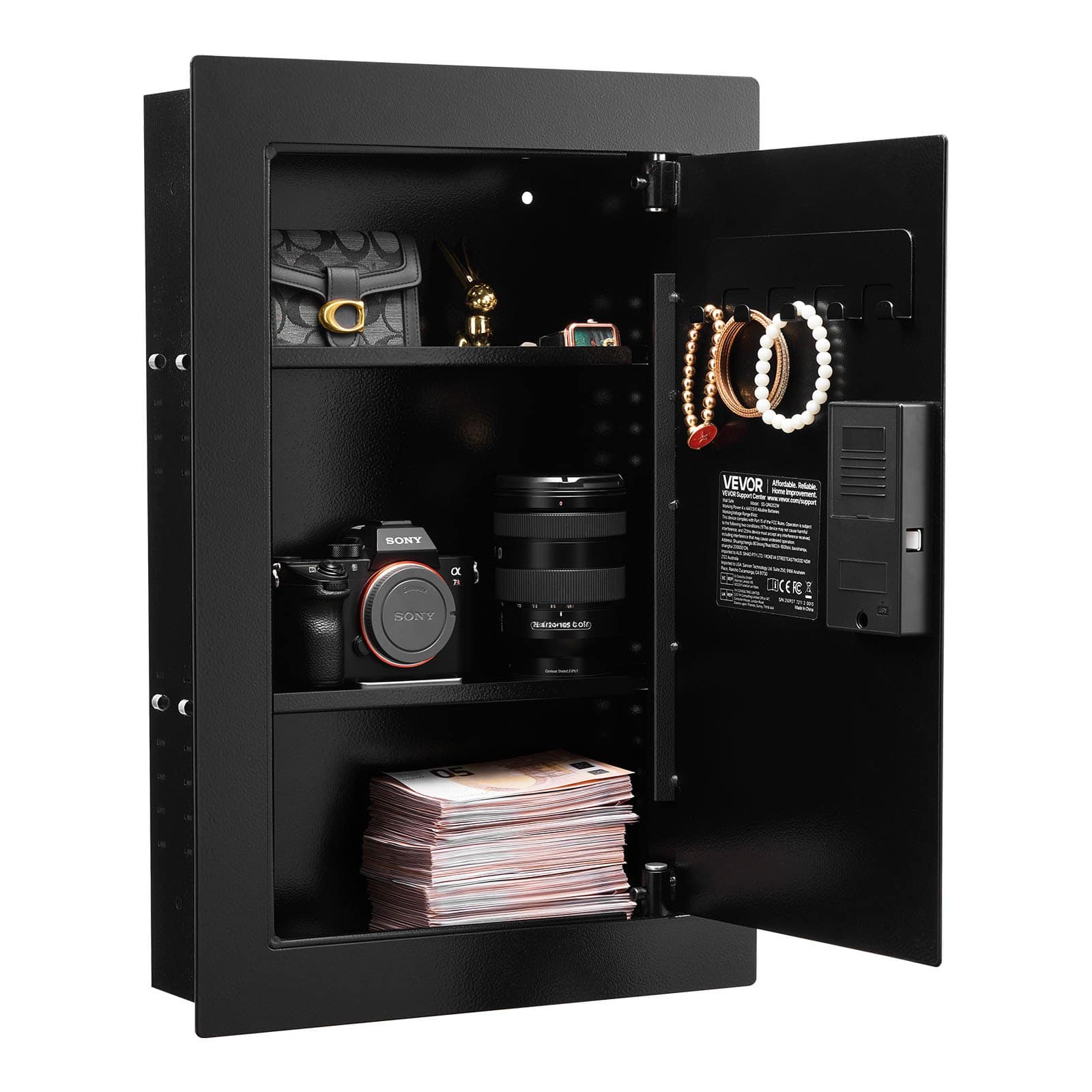 VEVOR 3-Tier Wall Safe with Fingerprint, Password & Key Access, Steel In-Wall Safe with Adjustable Shelves, 98x350x527 mm