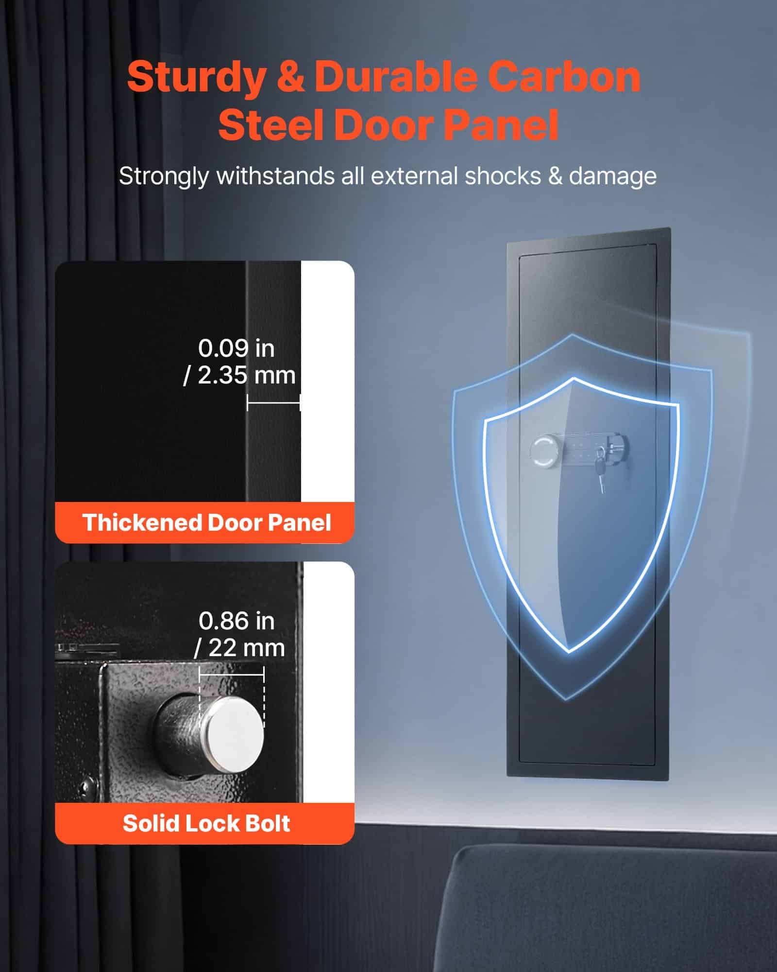 VEVOR Hidden Wall Safe with Password & Key, 4-Tier In-Wall Gun Safe, Steel, LED Light, 3 Shelves, Key Hooks, Black — Attēls 2