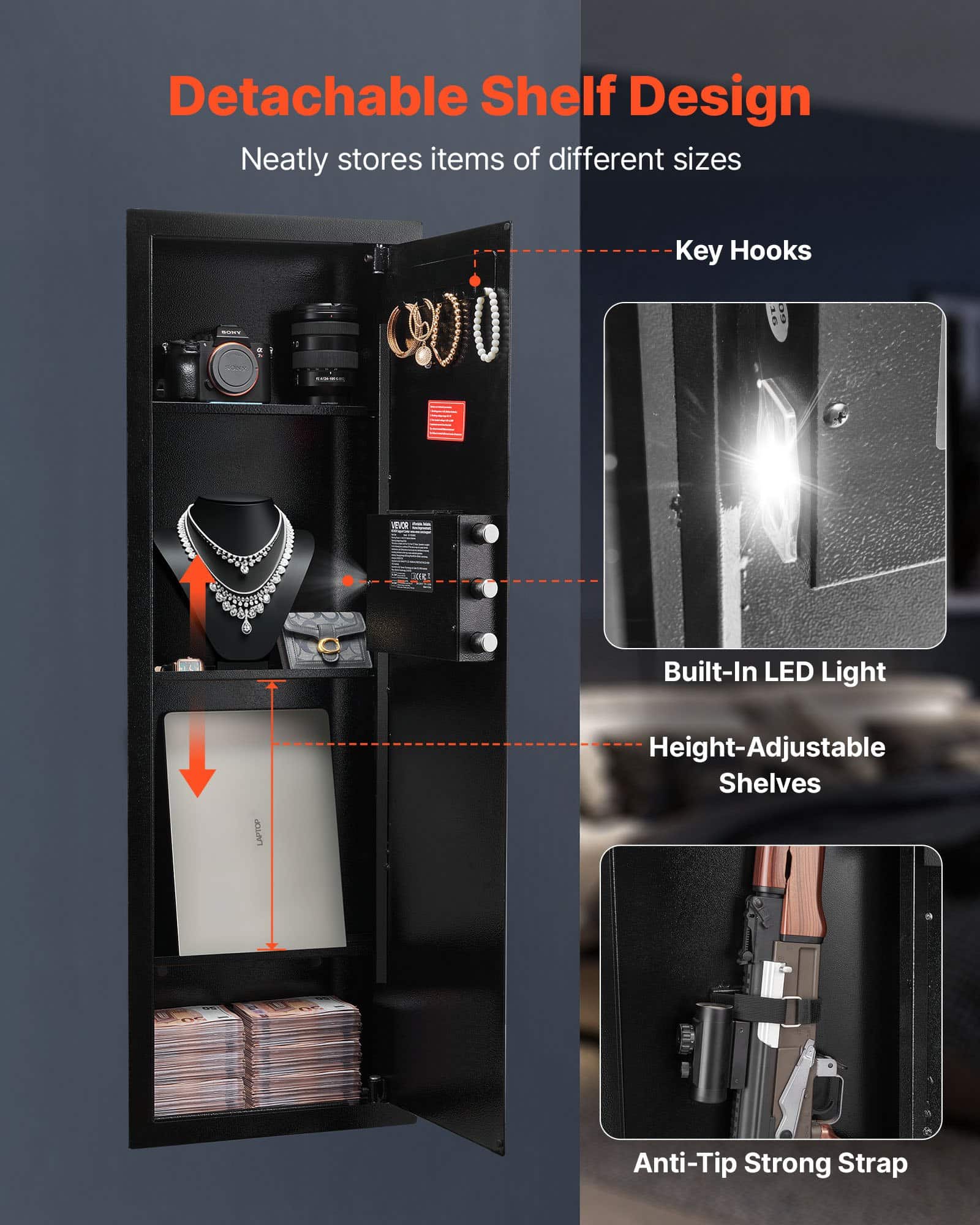 VEVOR Hidden Wall Safe with Password & Key, 4-Tier In-Wall Gun Safe, Steel, LED Light, 3 Shelves, Key Hooks, Black — Attēls 5