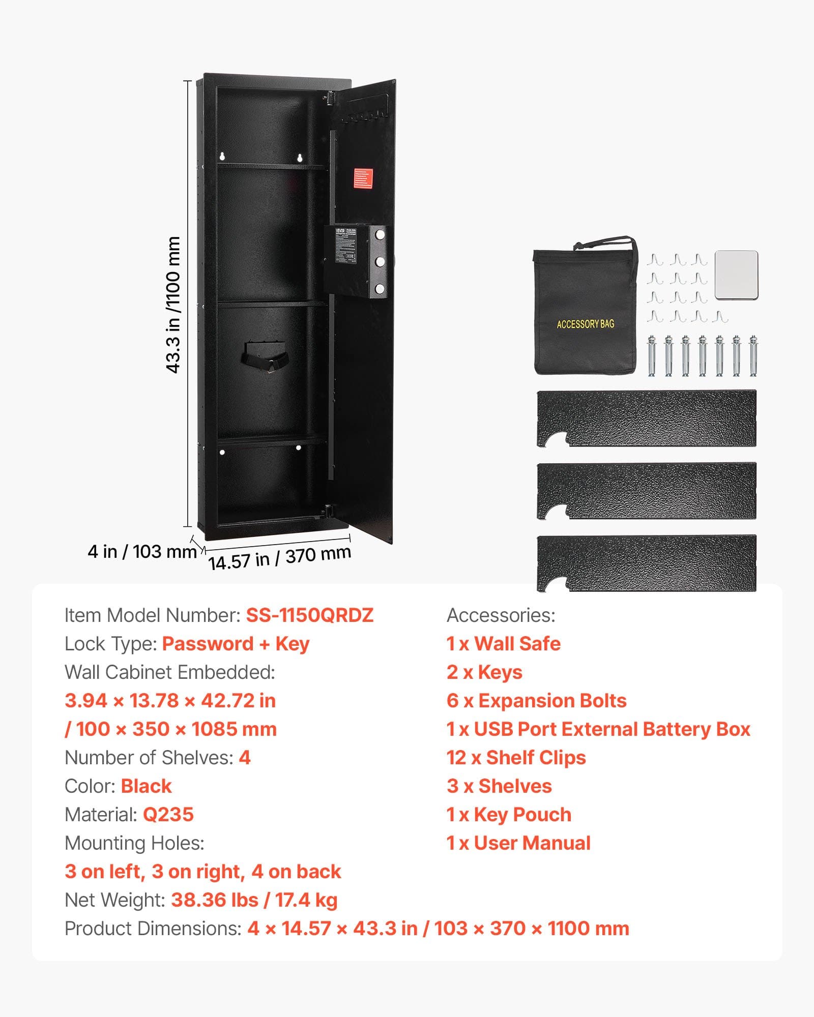 VEVOR Hidden Wall Safe with Password & Key, 4-Tier In-Wall Gun Safe, Steel, LED Light, 3 Shelves, Key Hooks, Black — Attēls 7