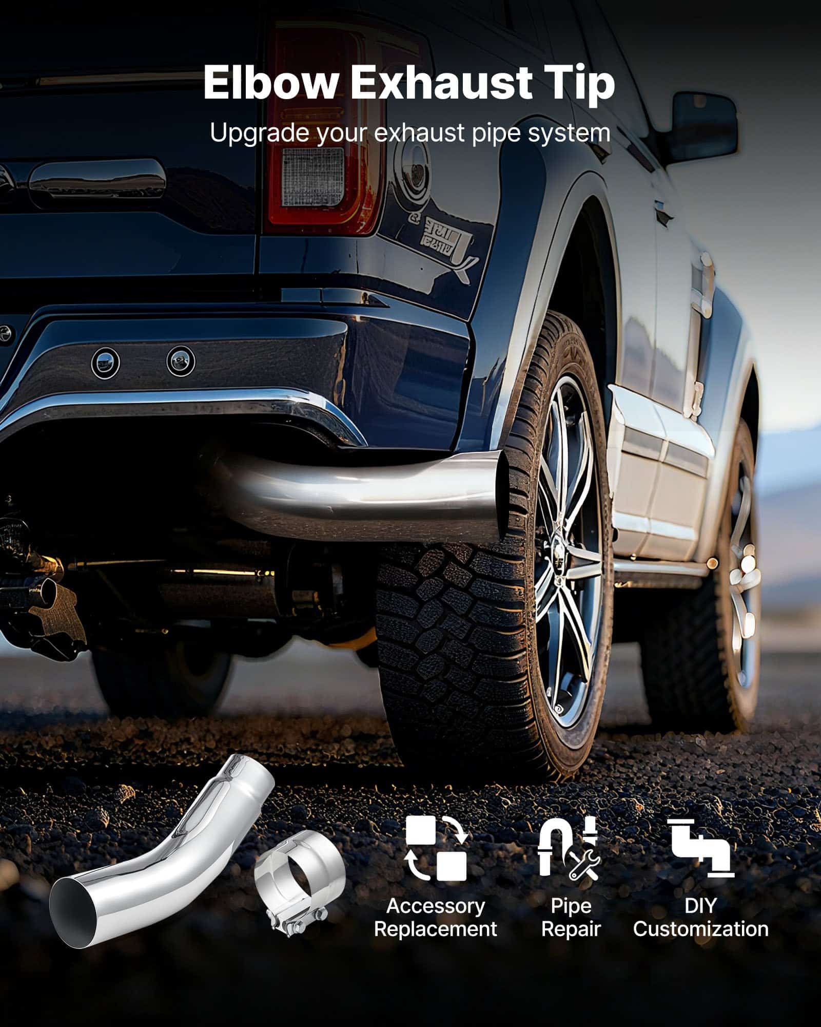 VEVOR Chrome Elbow Exhaust Tip 127mm Inlet 152.4mm Outlet 584mm Length with Clamp for Truck, SUV, Sedan, Sports Car - Image 2