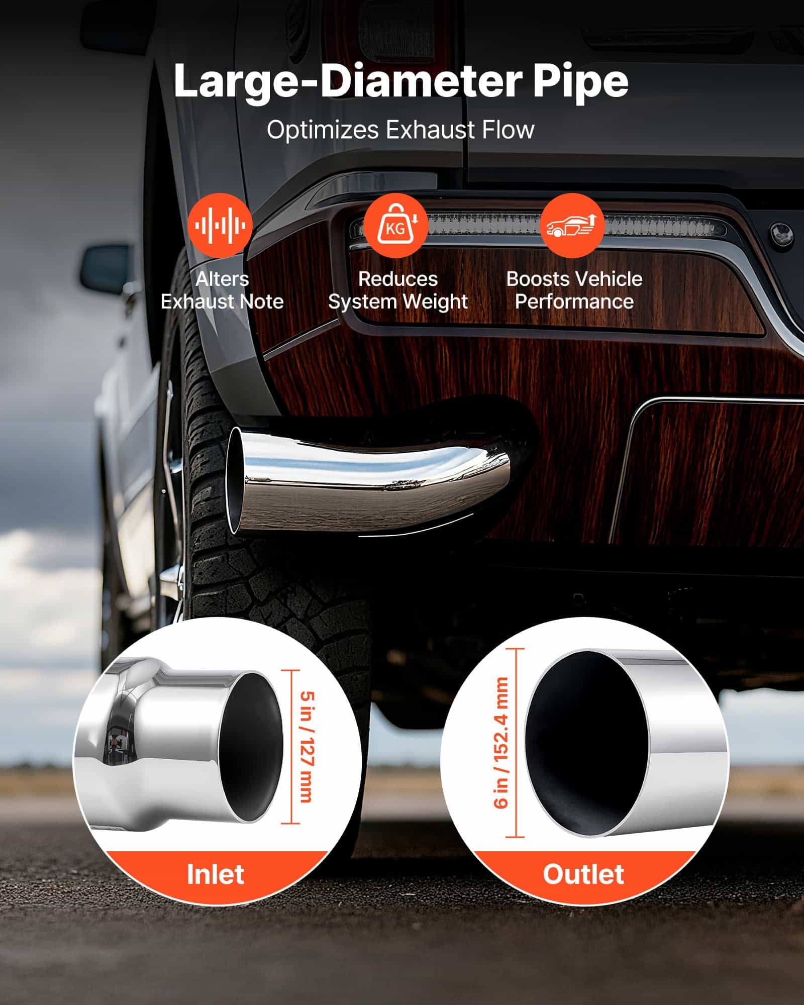 VEVOR Chrome Elbow Exhaust Tip 127mm Inlet 152.4mm Outlet 584mm Length with Clamp for Truck, SUV, Sedan, Sports Car - Image 3
