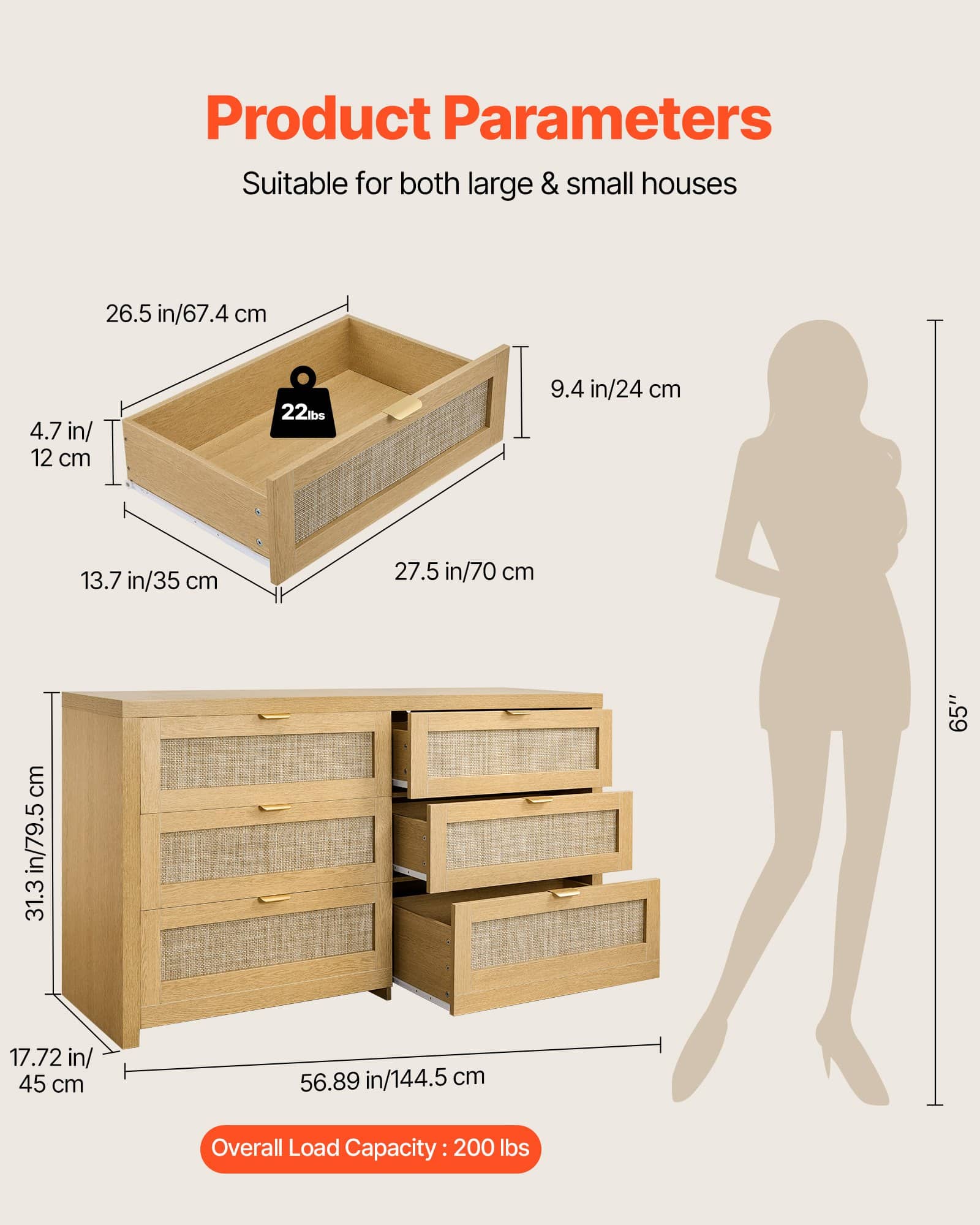 VEVOR 6-Drawer Rattan Dresser, Modern Wooden Chest with Metal Handles, 91 kg Capacity, for Bedroom, Living Room, Burlywood - Зображення 3