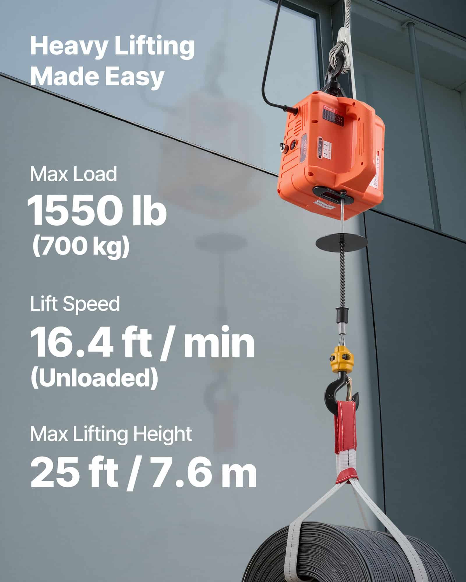 VEVOR 3-in-1 Electric Hoist Winch, 700 kg Capacity, 1500W, 7.6 m Lift, Wired & Wireless Remote, for Garage, Warehouse, Factory — attēls 2