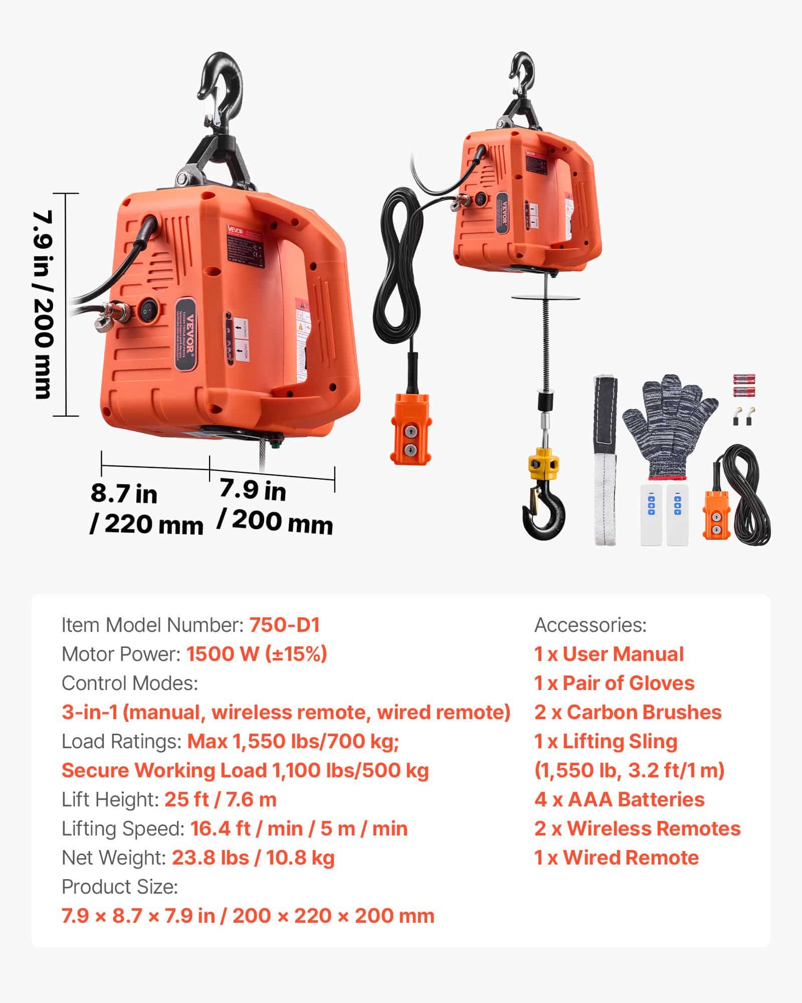 VEVOR 3-in-1 Electric Hoist Winch, 700 kg Capacity, 1500W, 7.6 m Lift, Wired & Wireless Remote, for Garage, Warehouse, Factory — attēls 7