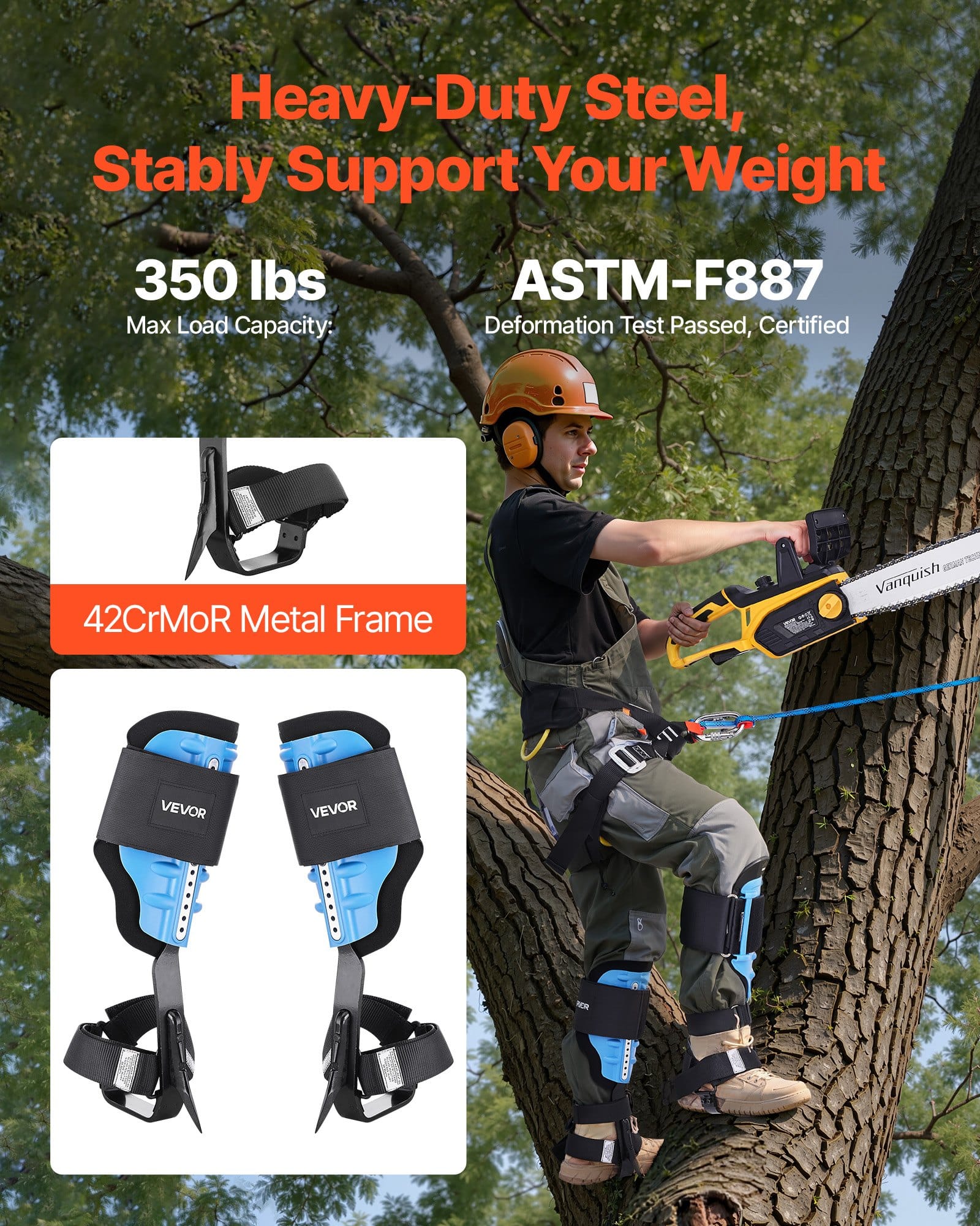 VEVOR Tree Climbing Spikes with Adjustable Height, EVA Padding, Straps, 159 kg Load, Steel Spurs for Arborists, Fruit Picking, Hunting — attēls 2
