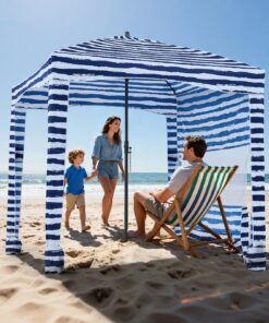 VEVOR 1.83x1.83 m Beach Cabana Tent with Sidewall, UPF 50+ Sun Shelter, Easy Setup, Wind Resistant, Portable, Navy Stripes