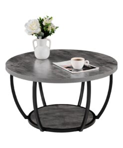 VEVOR 2 līmeņu apaļais kafijas galds, moderns koka galds ar metāla rāmi, 80.5 cm virsma, 46.5 cm glabātuve, pelēks