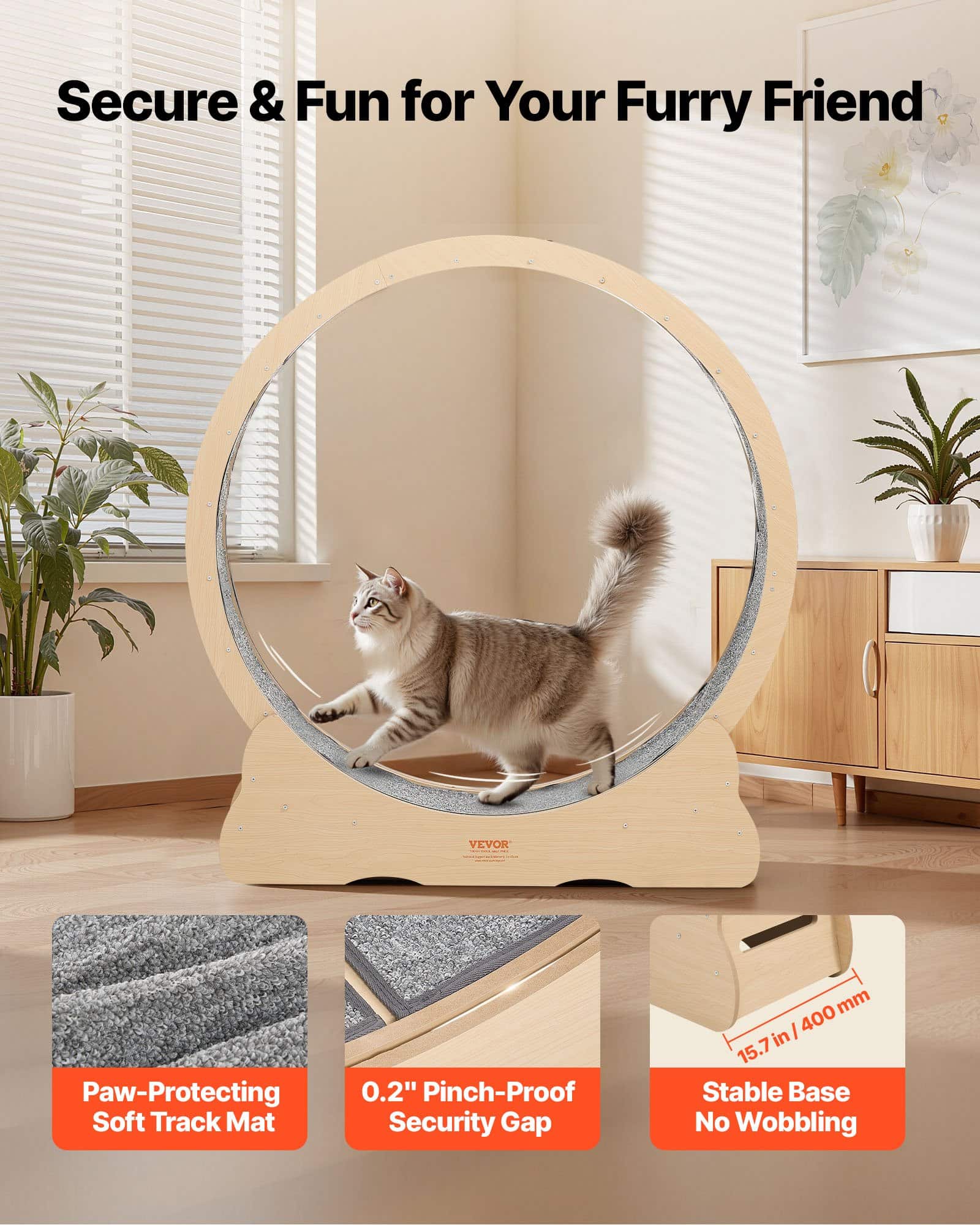 VEVOR 120cm Wooden Cat Exercise Wheel for Indoor Cats up to 12.7kg, Quiet Treadmill with Carpet Runway & Lock Lock — изображение 3
