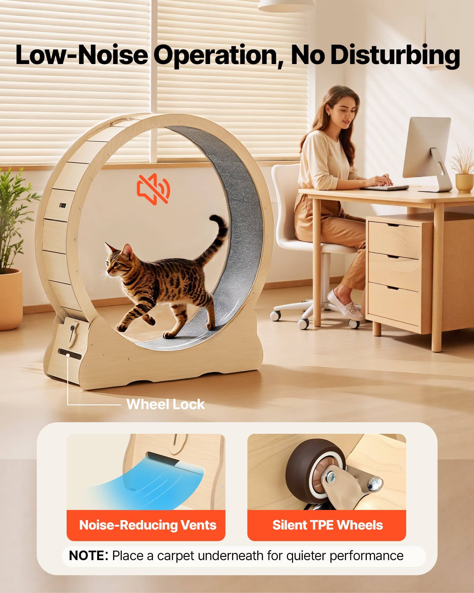 VEVOR 120cm Wooden Cat Exercise Wheel for Indoor Cats up to 12.7kg, Quiet Treadmill with Carpet Runway & Lock Lock — изображение 4