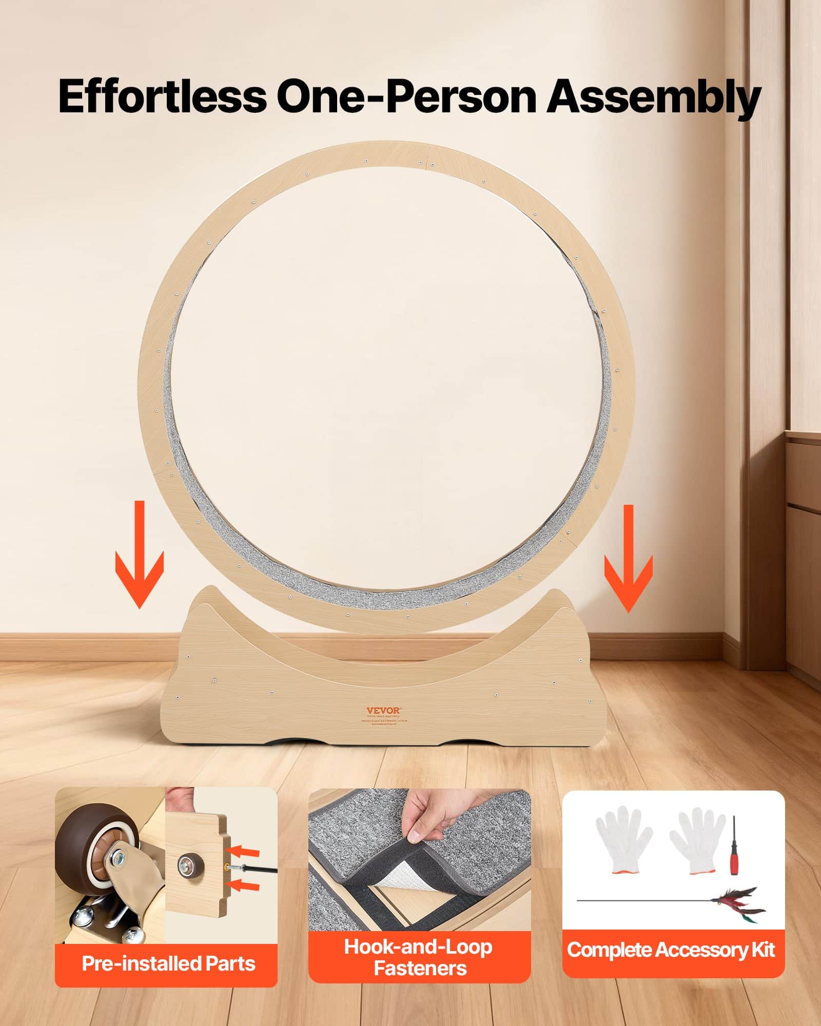 VEVOR 120cm Wooden Cat Exercise Wheel for Indoor Cats up to 12.7kg, Quiet Treadmill with Carpet Runway & Lock Lock — изображение 5