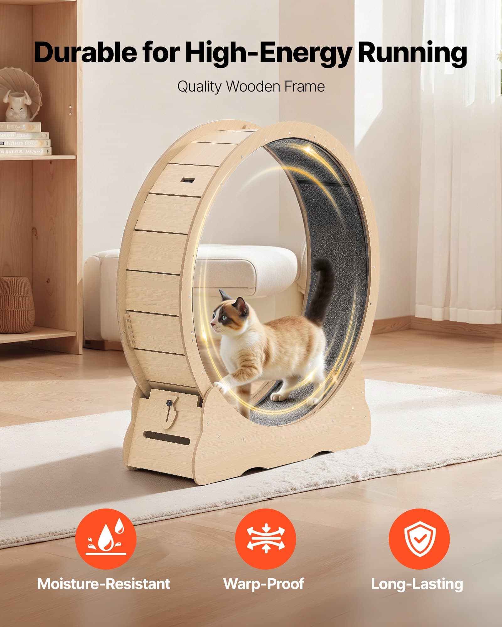VEVOR 120cm Wooden Cat Exercise Wheel for Indoor Cats up to 12.7kg, Quiet Treadmill with Carpet Runway & Lock Lock — изображение 6
