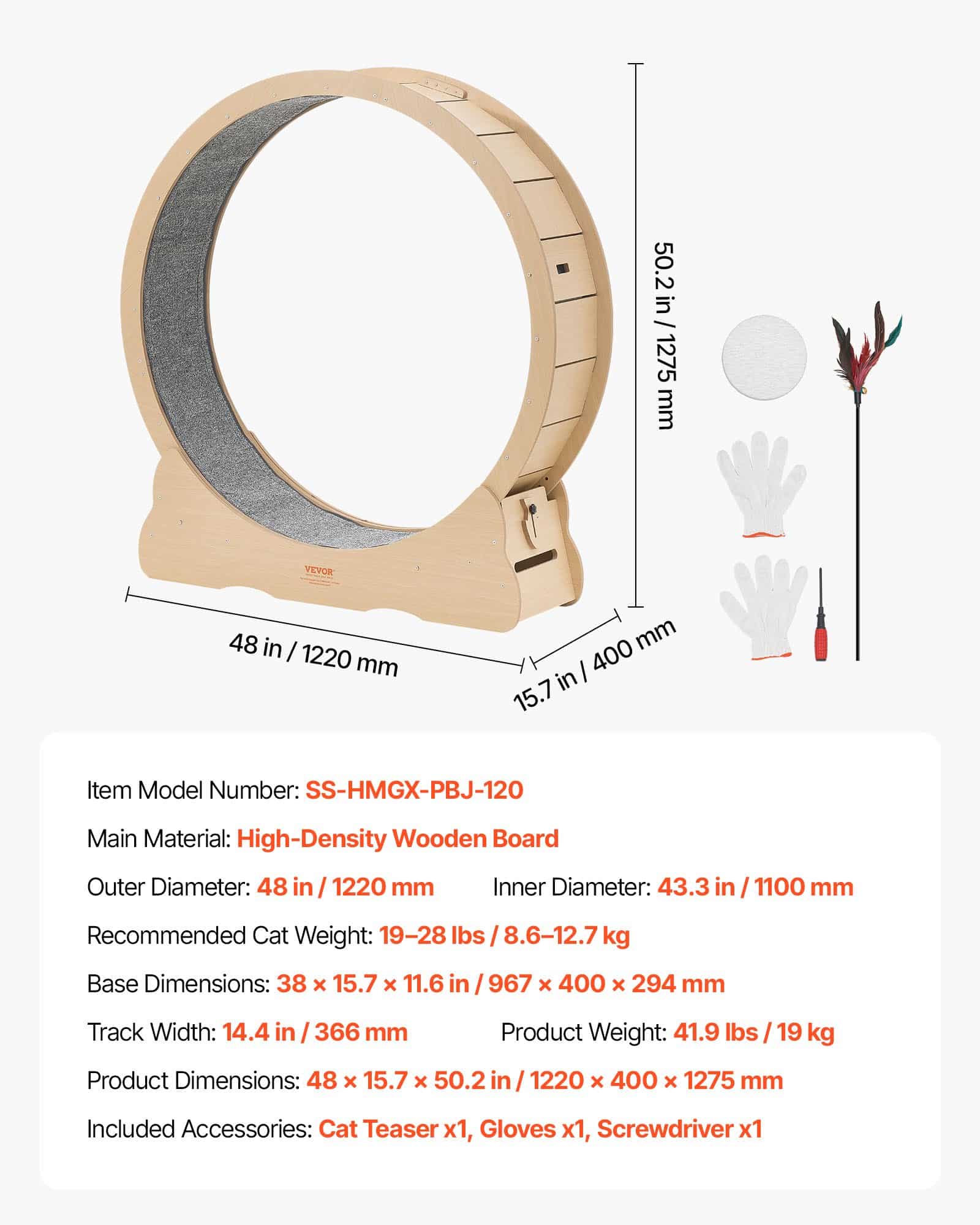 VEVOR 120cm Wooden Cat Exercise Wheel for Indoor Cats up to 12.7kg, Quiet Treadmill with Carpet Runway & Lock Lock — изображение 7