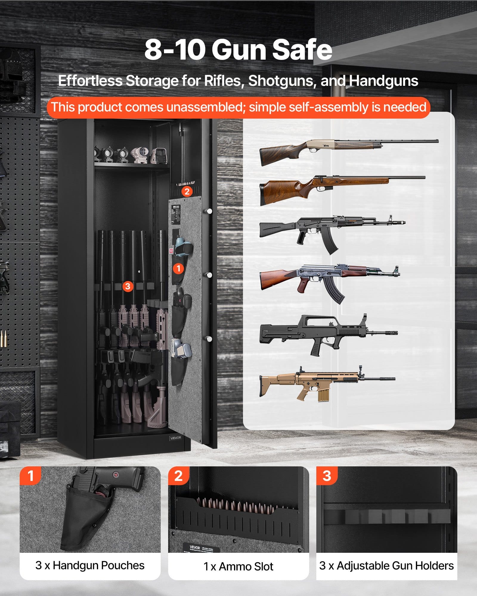 VEVOR 8–10 Rifle Gun Safe, Steel Long Gun Cabinet with Fingerprint & Digital Lock, 3 Pistol Pouches, LED, Alarm & Adjustable Racks — Attēls 2