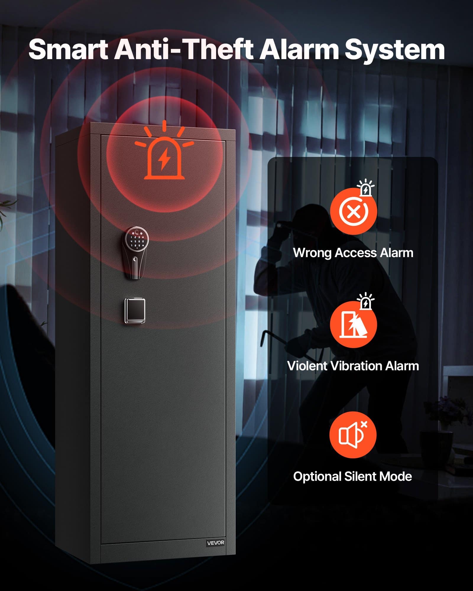 VEVOR 8–10 Rifle Gun Safe, Steel Long Gun Cabinet with Fingerprint & Digital Lock, 3 Pistol Pouches, LED, Alarm & Adjustable Racks — Attēls 4