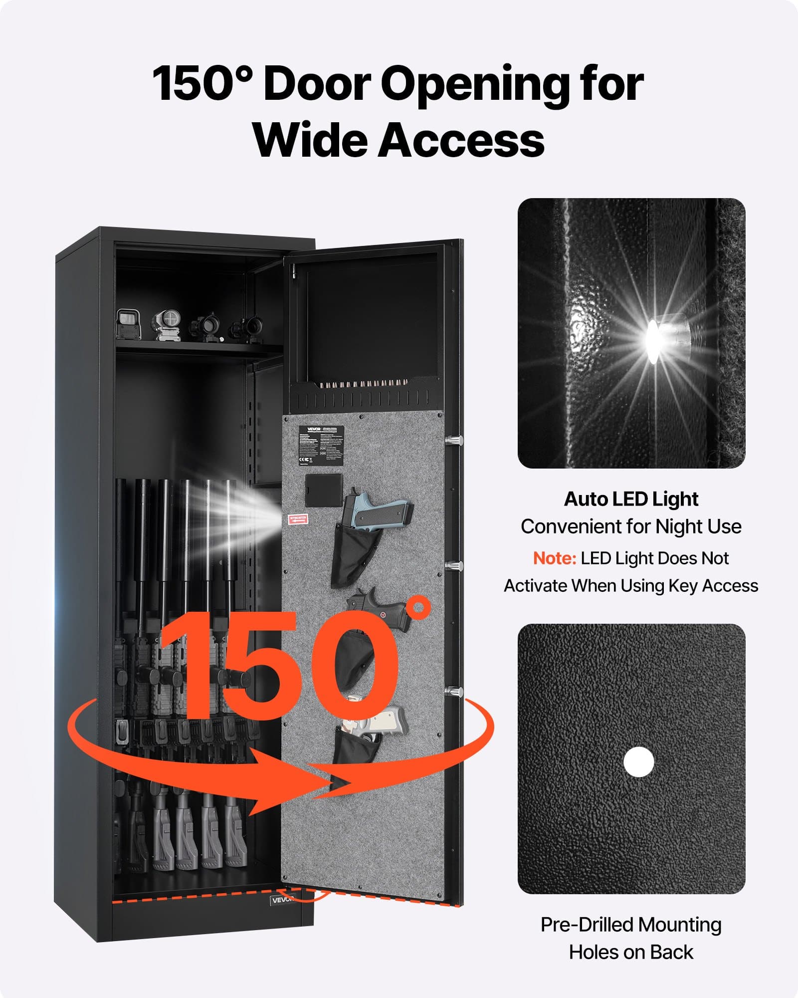 VEVOR 8–10 Rifle Gun Safe, Steel Long Gun Cabinet with Fingerprint & Digital Lock, 3 Pistol Pouches, LED, Alarm & Adjustable Racks — Attēls 6