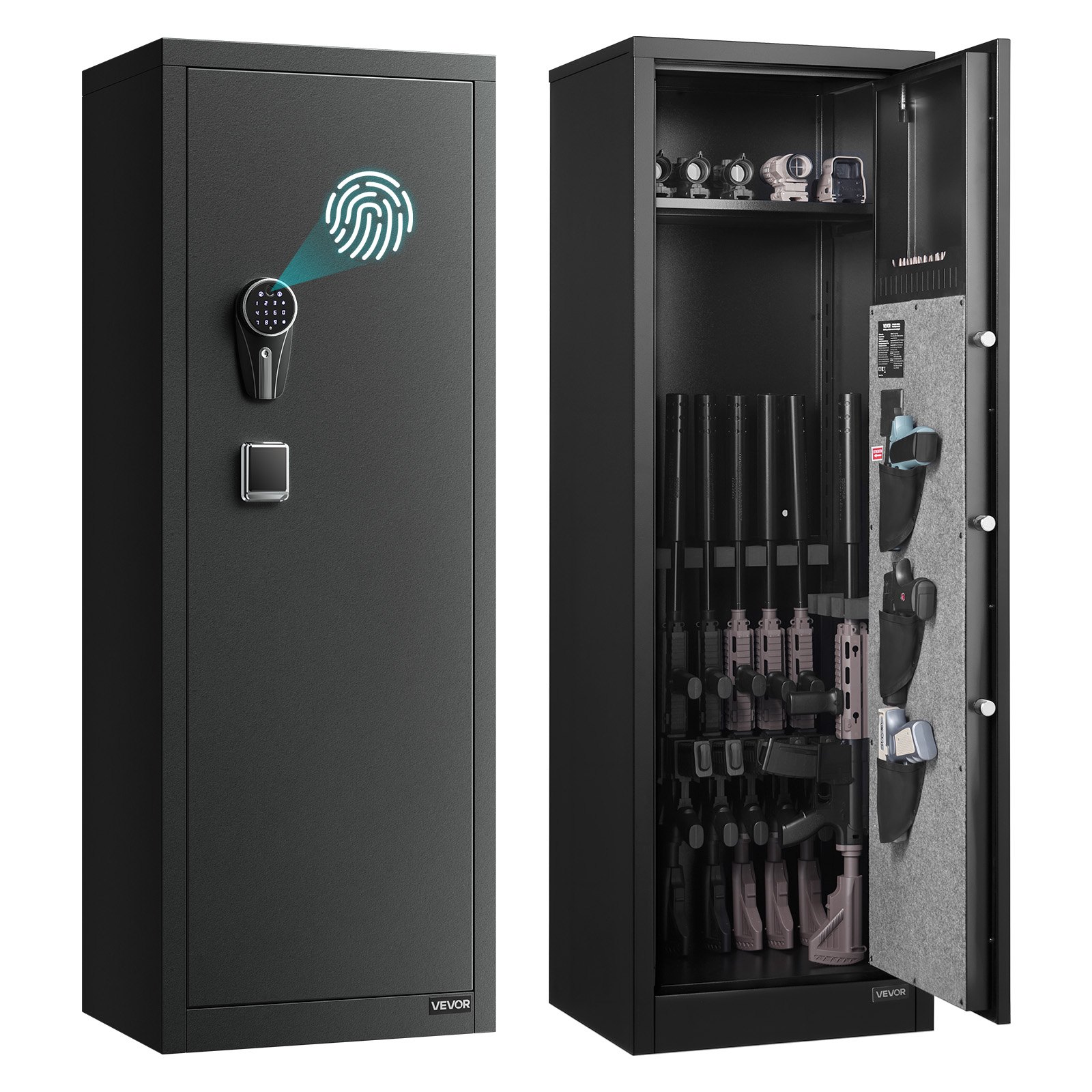 VEVOR 8–10 Rifle Gun Safe, Steel Long Gun Cabinet with Fingerprint & Digital Lock, 3 Pistol Pouches, LED, Alarm & Adjustable Racks