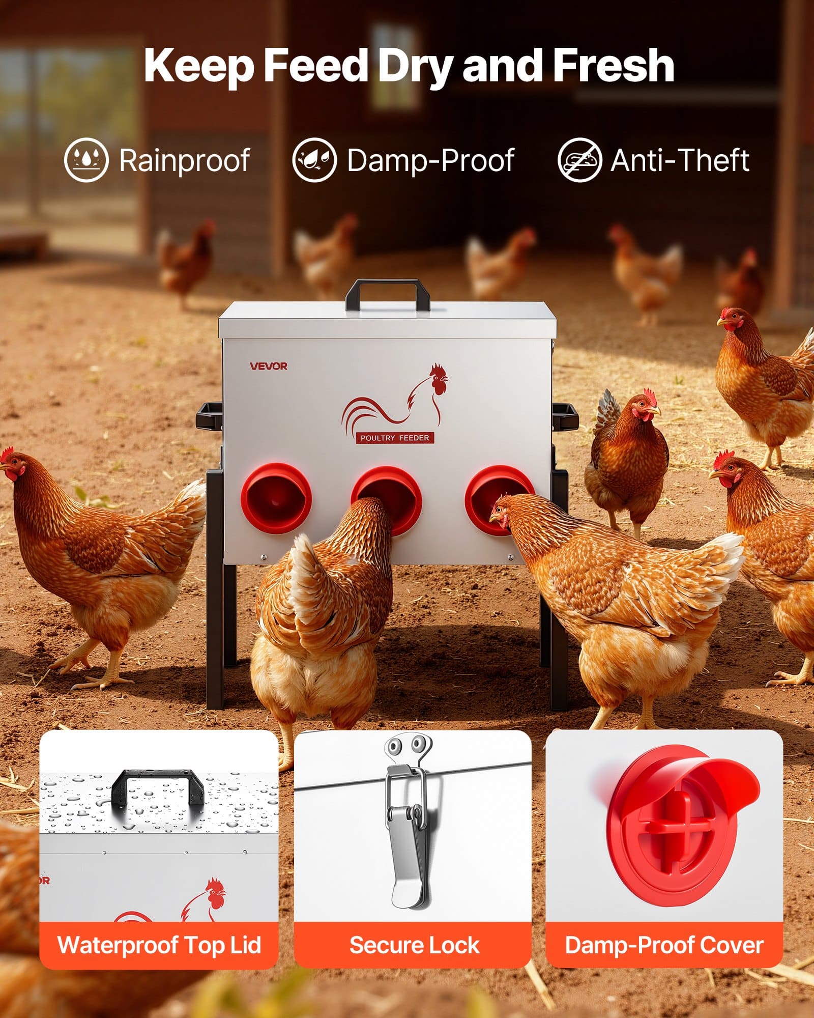 VEVOR Automatic Chicken Feeder, 13.6 kg, 6-Port No-Waste Gravity Feeder, Adjustable Height, Lock Lid, Metal for Poultry - Image 4