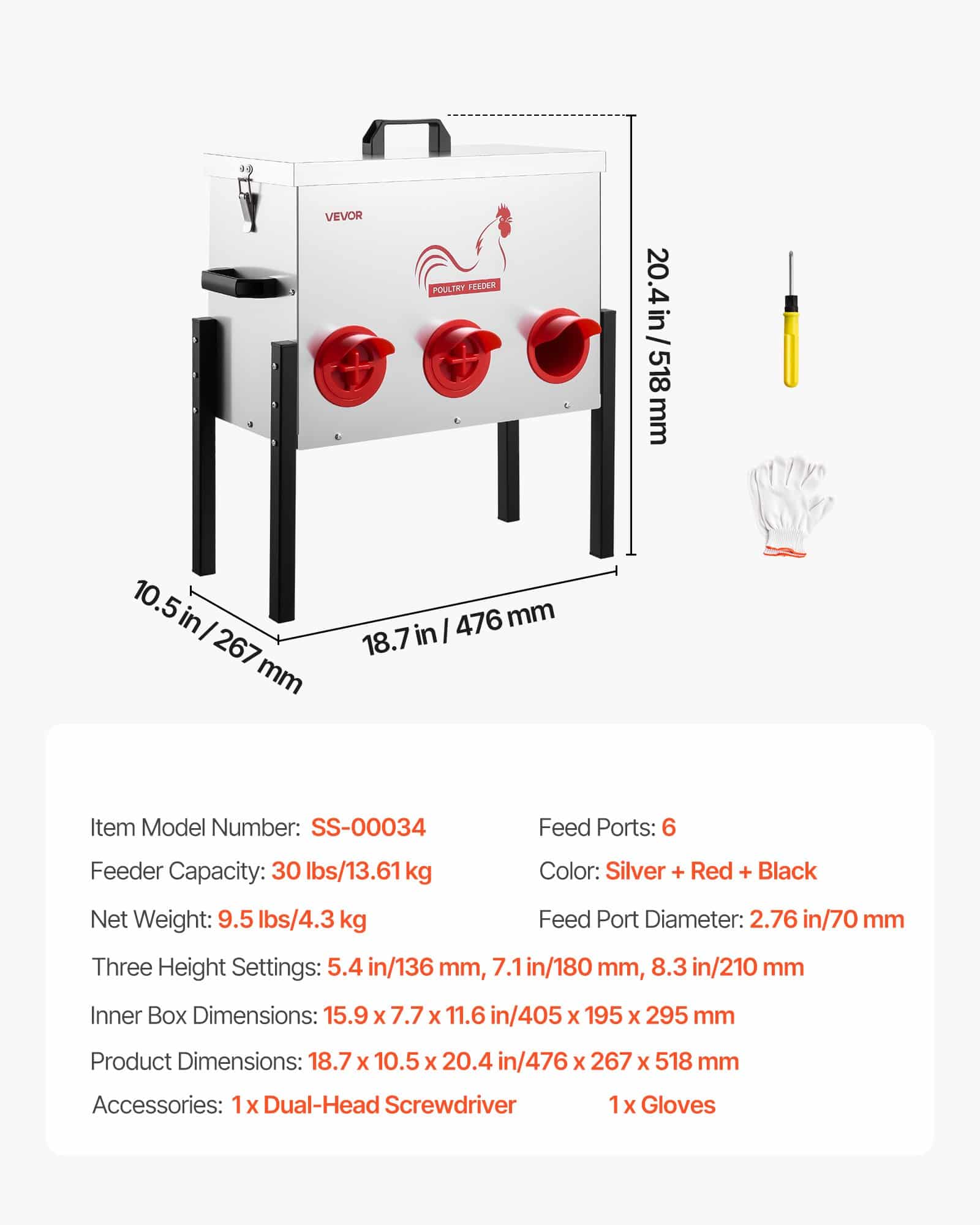 VEVOR Automatic Chicken Feeder, 13.6 kg, 6-Port No-Waste Gravity Feeder, Adjustable Height, Lock Lid, Metal for Poultry - Image 7