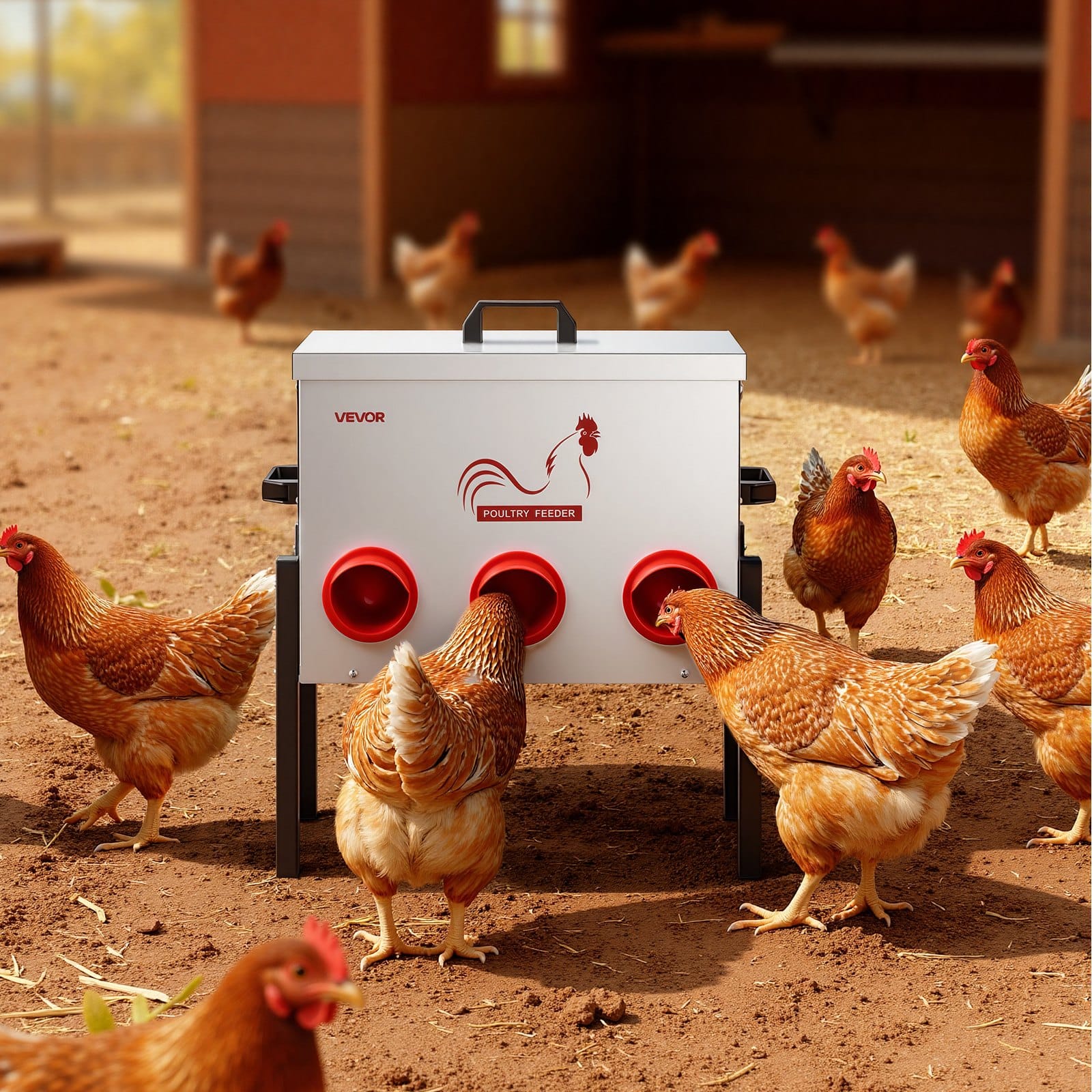 VEVOR Automatic Chicken Feeder, 13.6 kg, 6-Port No-Waste Gravity Feeder, Adjustable Height, Lock Lid, Metal for Poultry - Image 8