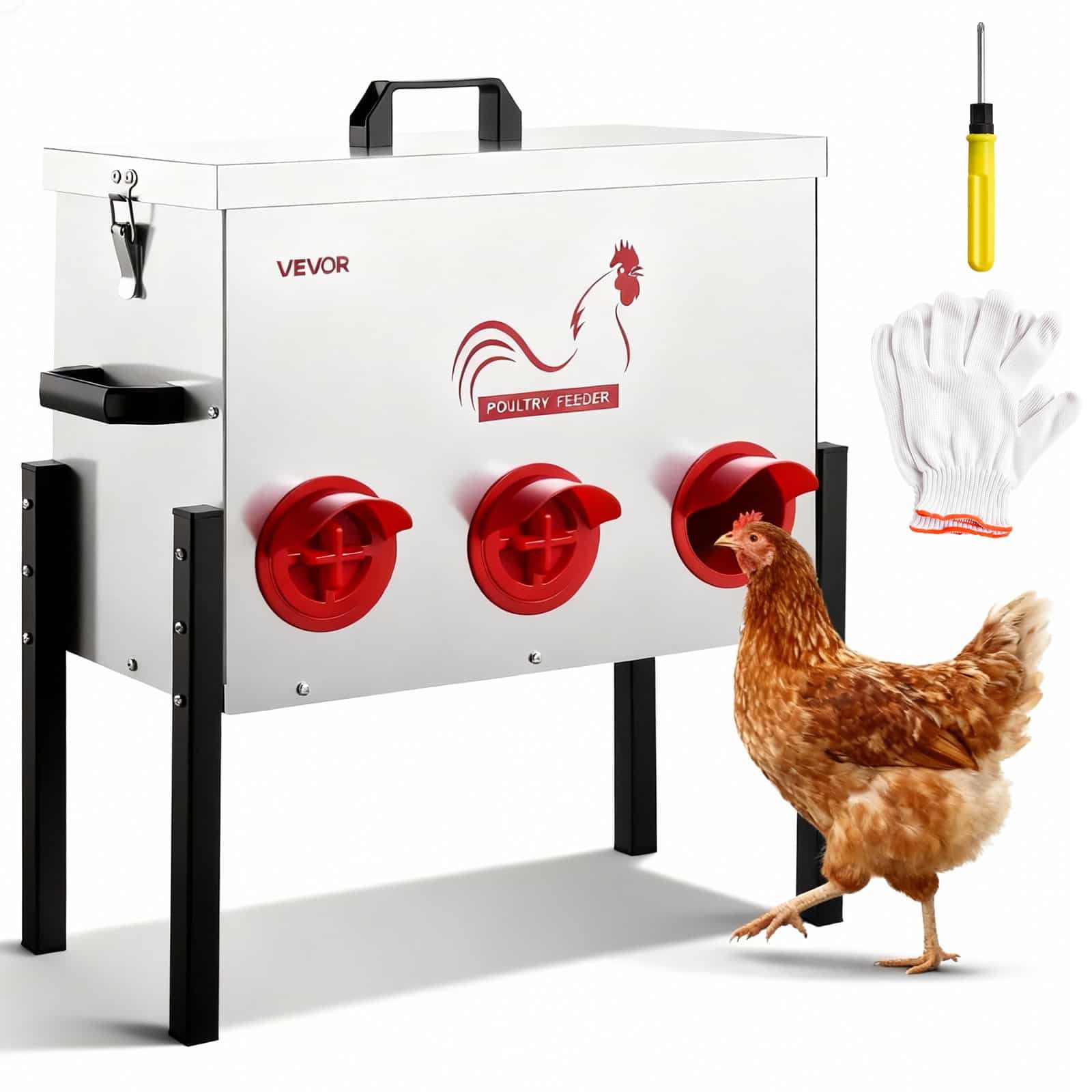 VEVOR Automatic Chicken Feeder, 13.6 kg, 6-Port No-Waste Gravity Feeder, Adjustable Height, Lock Lid, Metal for Poultry