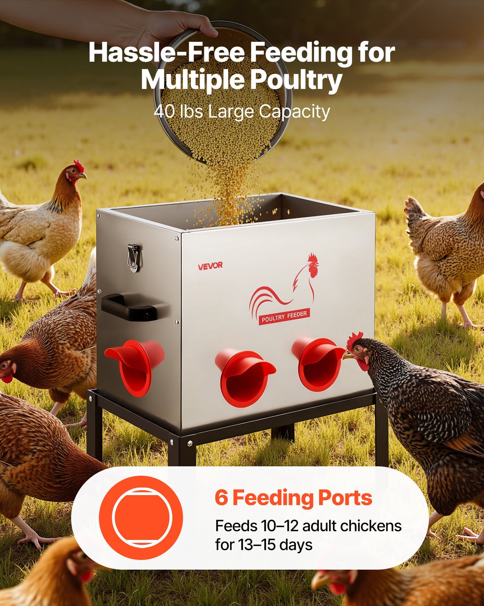 VEVOR Automatic Chicken Feeder, 18.14 kg, 6 No-Waste Ports, Waterproof Metal Poultry Feeder with Handle & Divider - Image 2