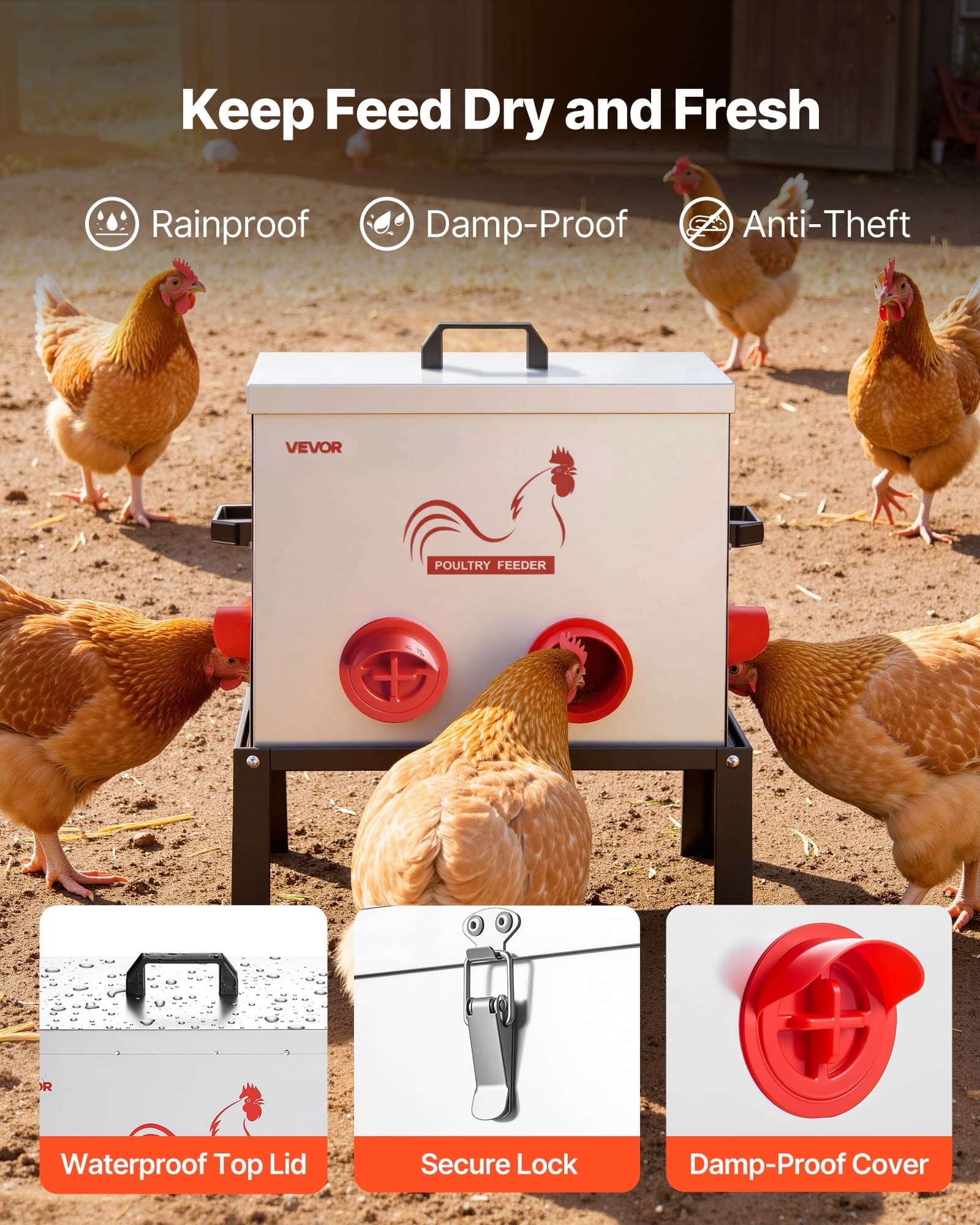VEVOR Automatic Chicken Feeder, 18.14 kg, 6 No-Waste Ports, Waterproof Metal Poultry Feeder with Handle & Divider - Image 3