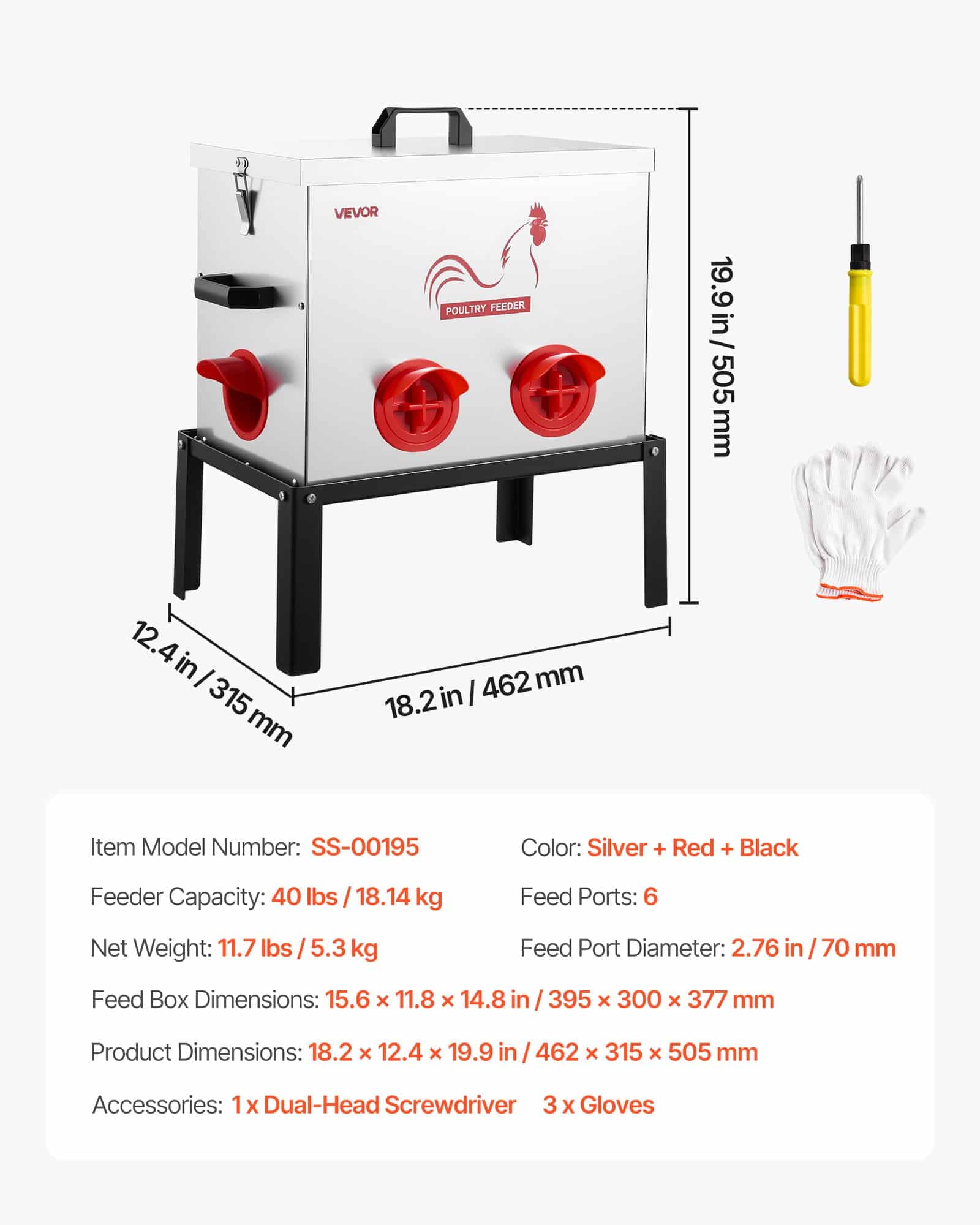 VEVOR Automatic Chicken Feeder, 18.14 kg, 6 No-Waste Ports, Waterproof Metal Poultry Feeder with Handle & Divider - Image 7