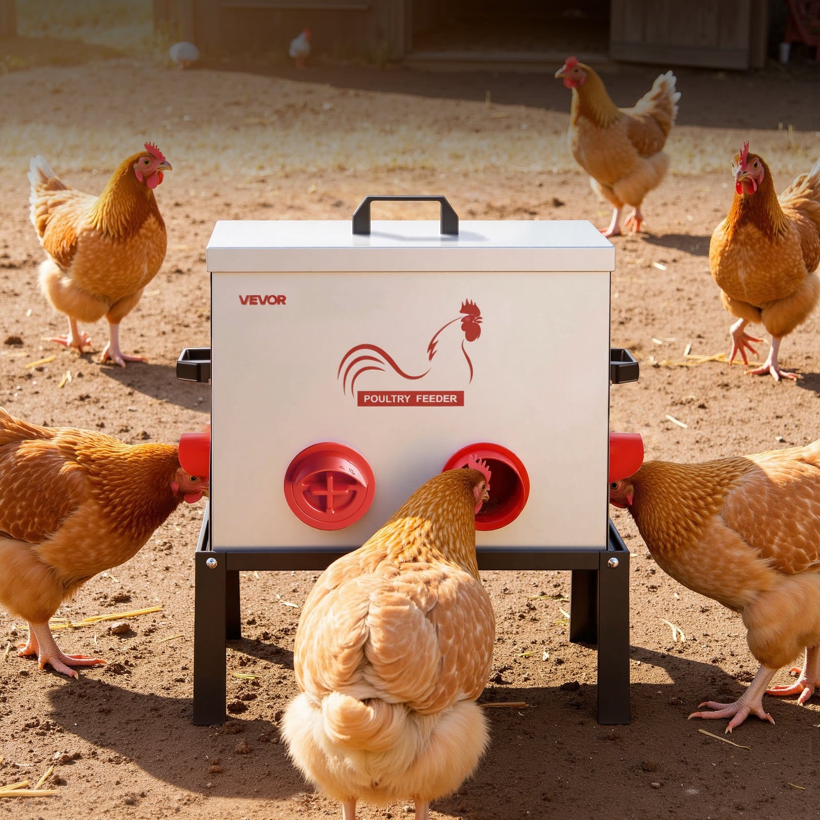 VEVOR Automatic Chicken Feeder, 18.14 kg, 6 No-Waste Ports, Waterproof Metal Poultry Feeder with Handle & Divider - Image 8