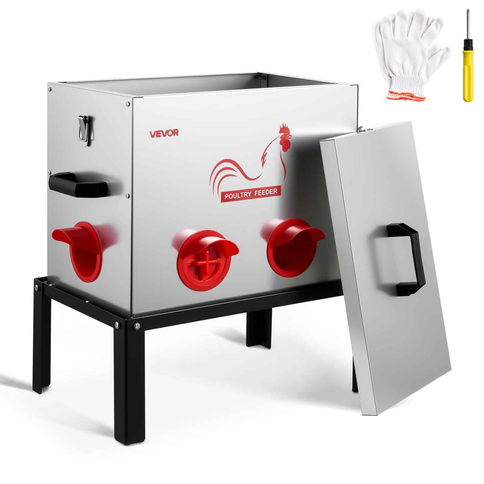 VEVOR Automatic Chicken Feeder, 18.14 kg, 6 No-Waste Ports, Waterproof Metal Poultry Feeder with Handle & Divider