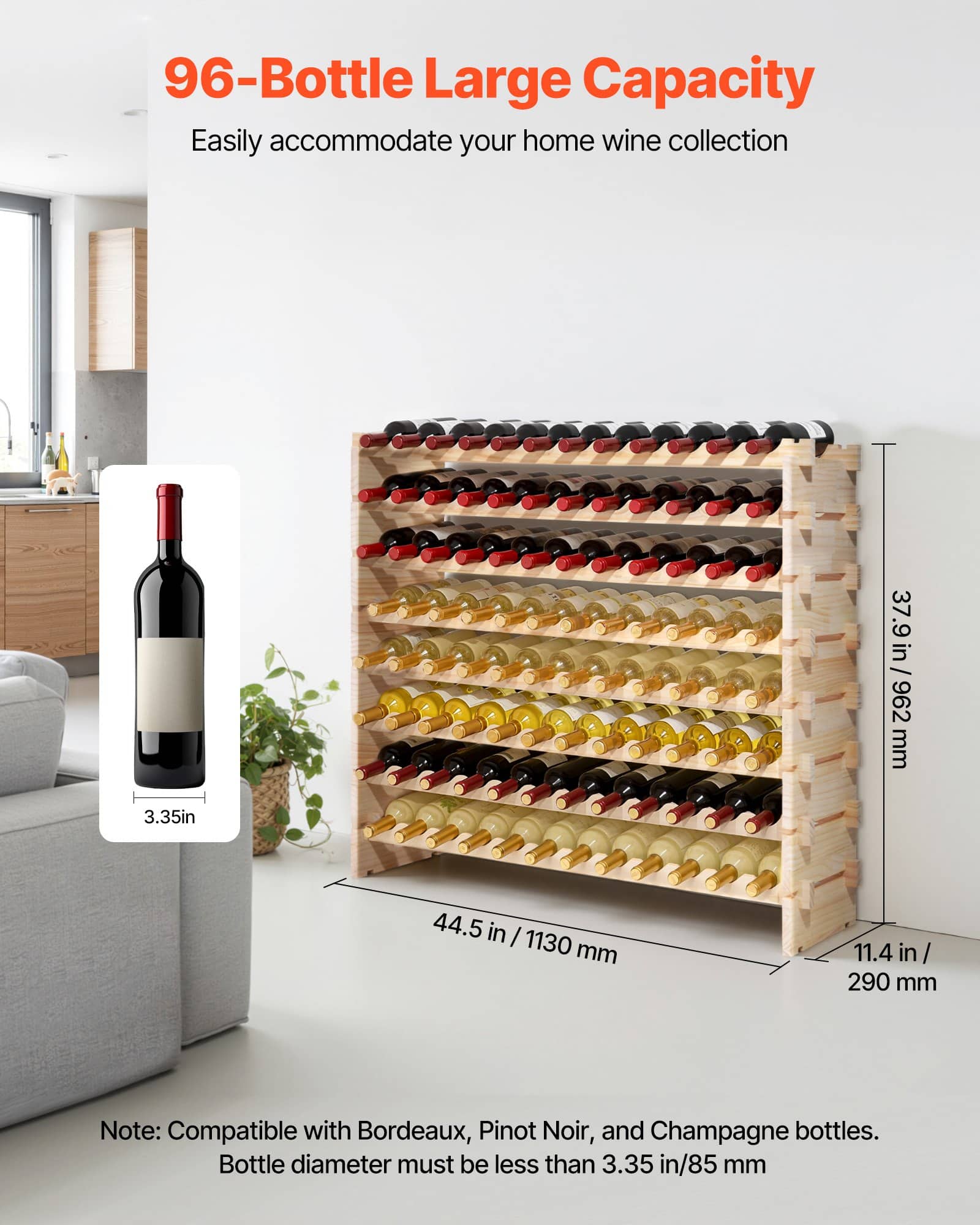 VEVOR 96-Bottle 8-Tier Stackable Pine Wine Rack, Freestanding Modular Holder for Pinot Noir, Kitchen/Bar/Cellar Storage, Natural - Image 2
