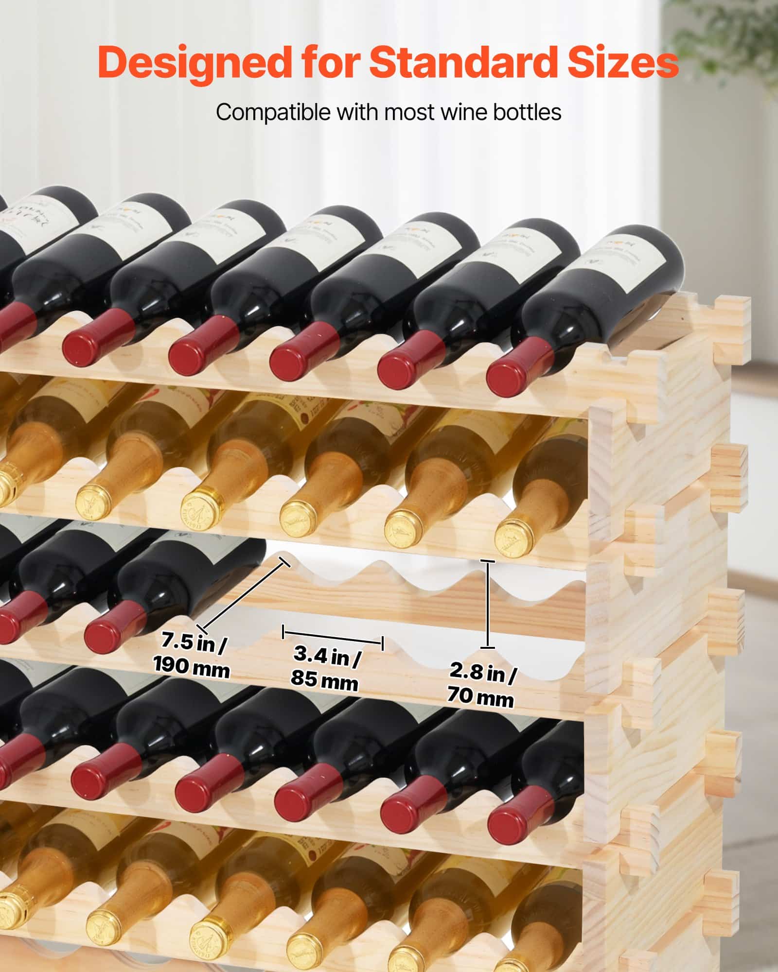 VEVOR 96-Bottle 8-Tier Stackable Pine Wine Rack, Freestanding Modular Holder for Pinot Noir, Kitchen/Bar/Cellar Storage, Natural - Image 3