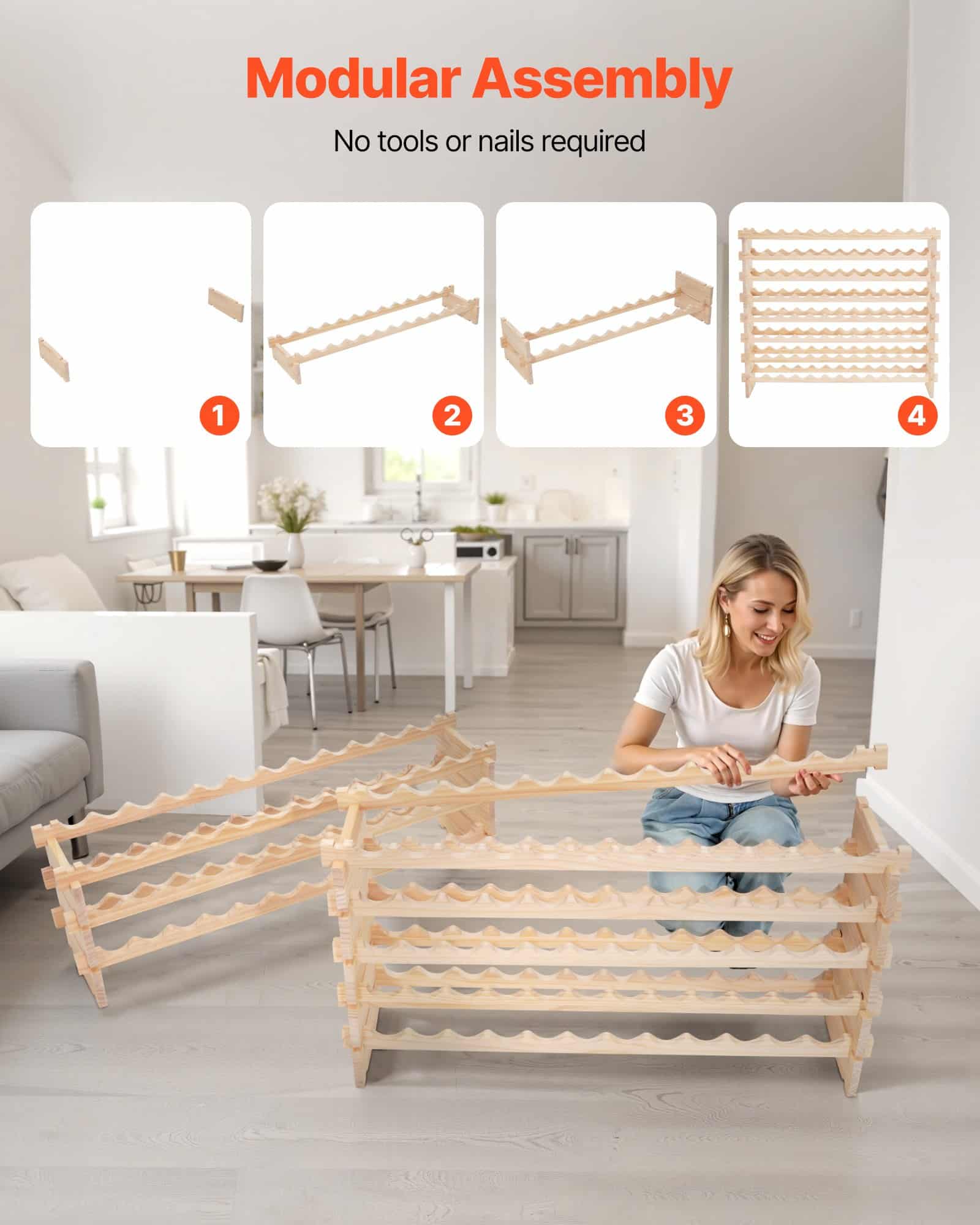 VEVOR 96-Bottle 8-Tier Stackable Pine Wine Rack, Freestanding Modular Holder for Pinot Noir, Kitchen/Bar/Cellar Storage, Natural - Image 6