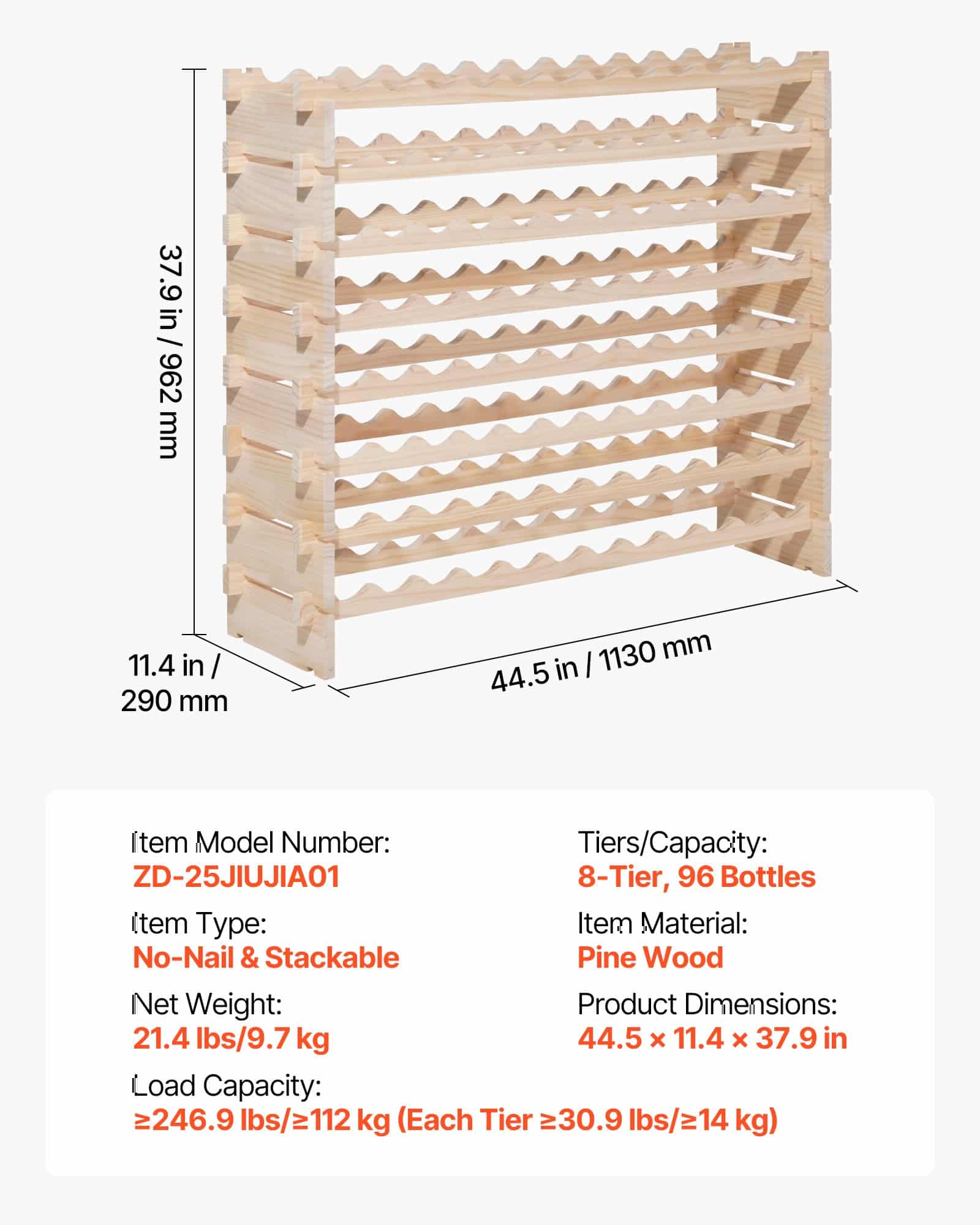 VEVOR 96-Bottle 8-Tier Stackable Pine Wine Rack, Freestanding Modular Holder for Pinot Noir, Kitchen/Bar/Cellar Storage, Natural - Image 7