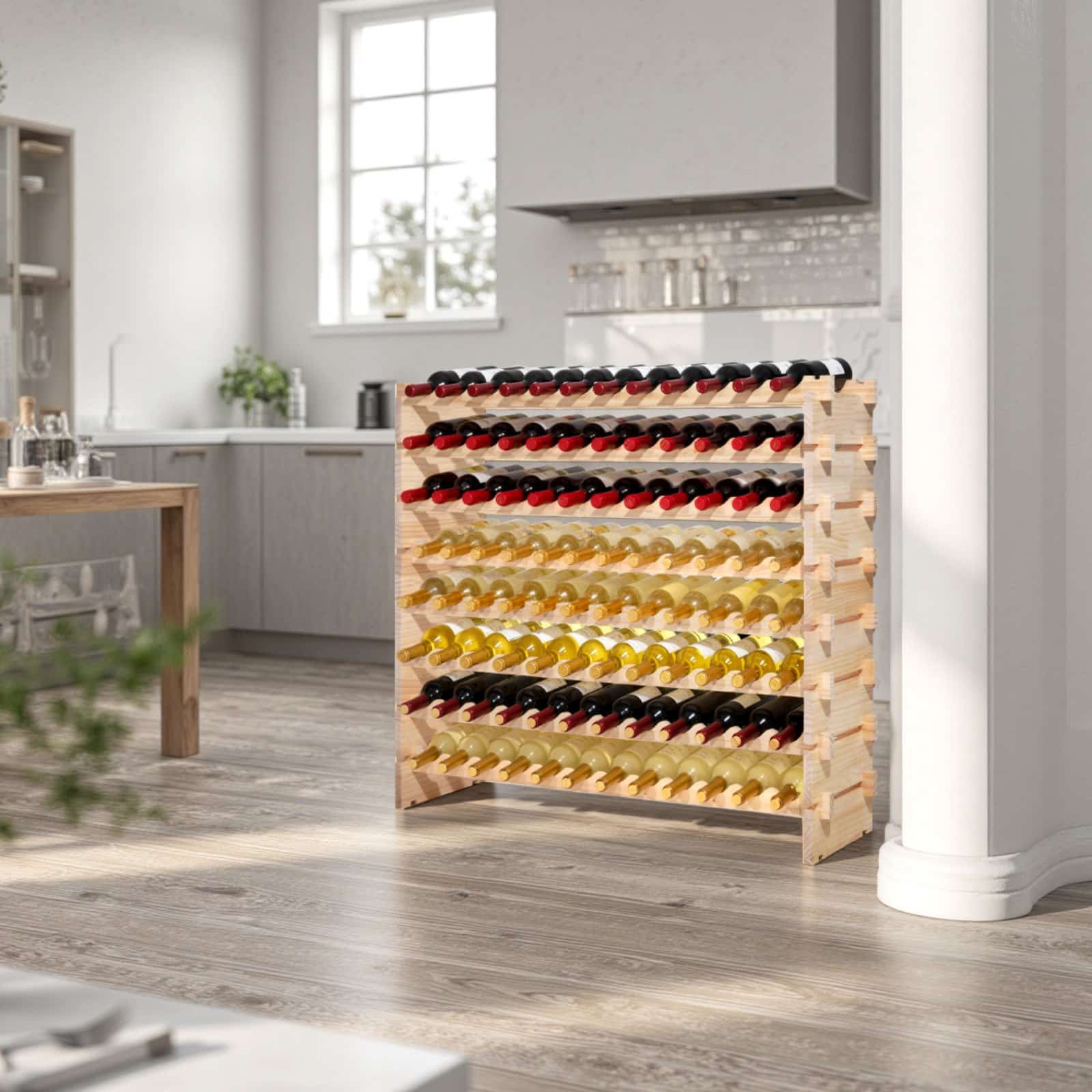 VEVOR 96-Bottle 8-Tier Stackable Pine Wine Rack, Freestanding Modular Holder for Pinot Noir, Kitchen/Bar/Cellar Storage, Natural - Image 8