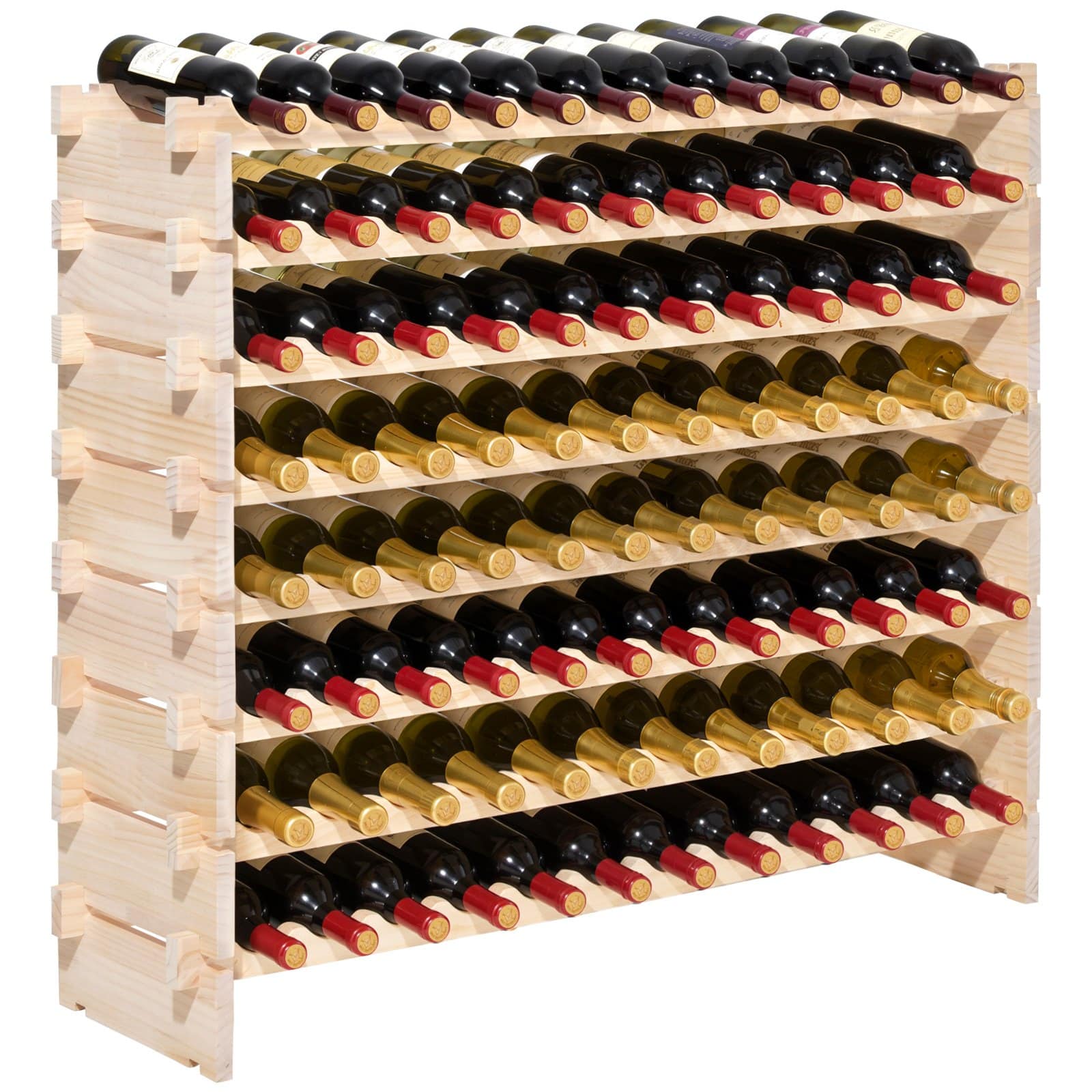 VEVOR 96-Bottle 8-Tier Stackable Pine Wine Rack, Freestanding Modular Holder for Pinot Noir, Kitchen/Bar/Cellar Storage, Natural