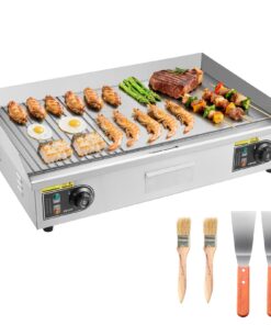 VEVOR 4400W Commercial Electric Griddle, 725x400mm, Temp 50–300°C, Half Flat/Grooved, Stainless Steel, with Spatulas & Brushes