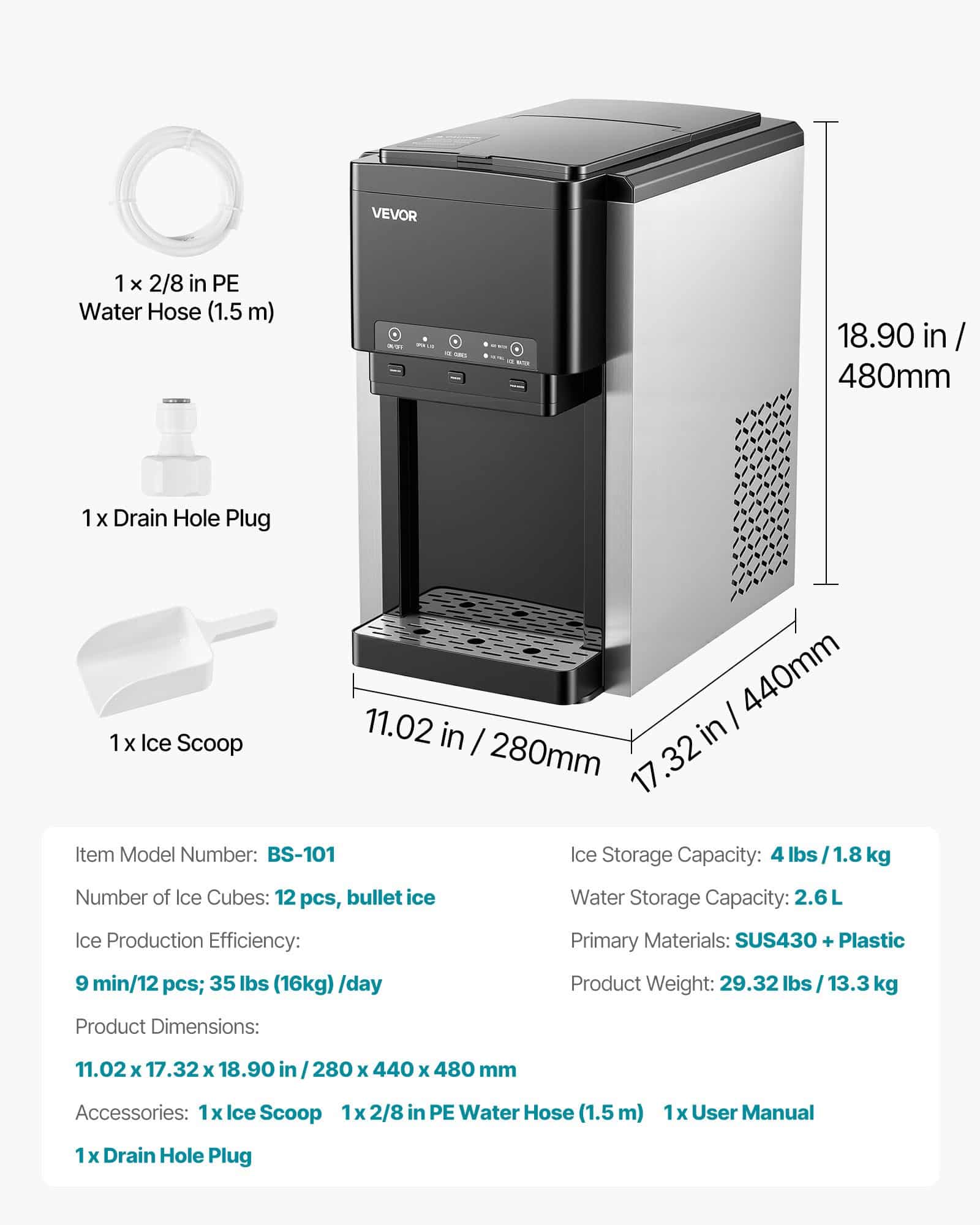VEVOR 3-in-1 Countertop Water Dispenser with Ice Maker, 16kg/24h, 1.8kg Storage, Crushed & Bullet Ice, Cold Water, Self-Cleaning — изображение 7