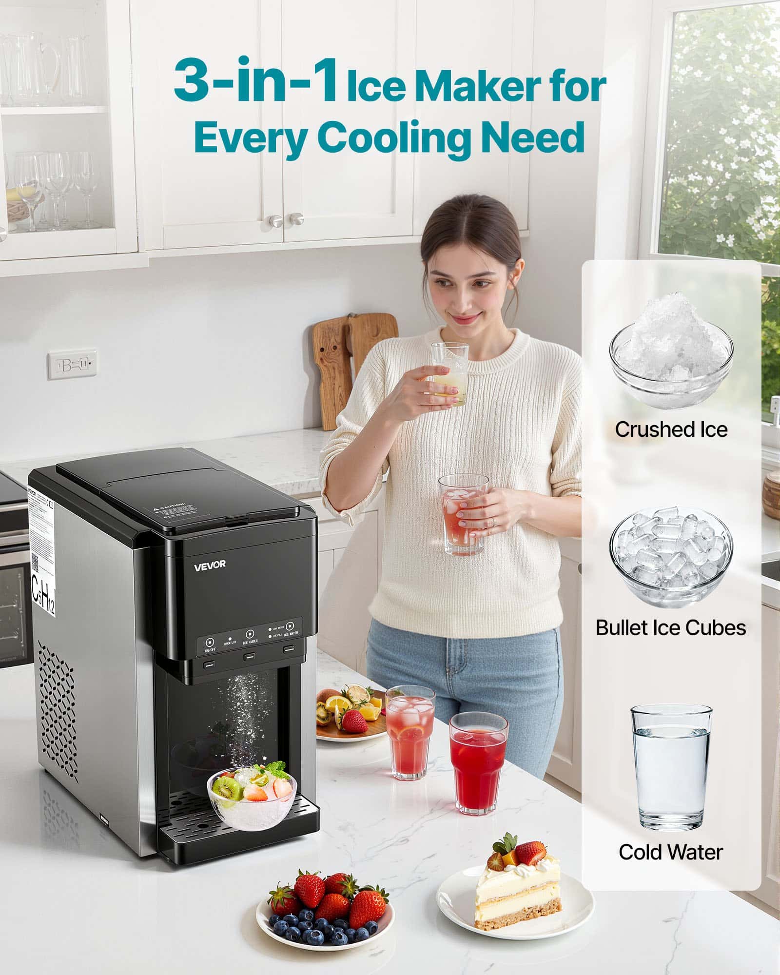 VEVOR 3-in-1 Countertop Water Dispenser with Ice Maker, 16kg/24h, 1.8kg Storage, Crushed & Bullet Ice, Cold Water, Self-Cleaning — изображение 2