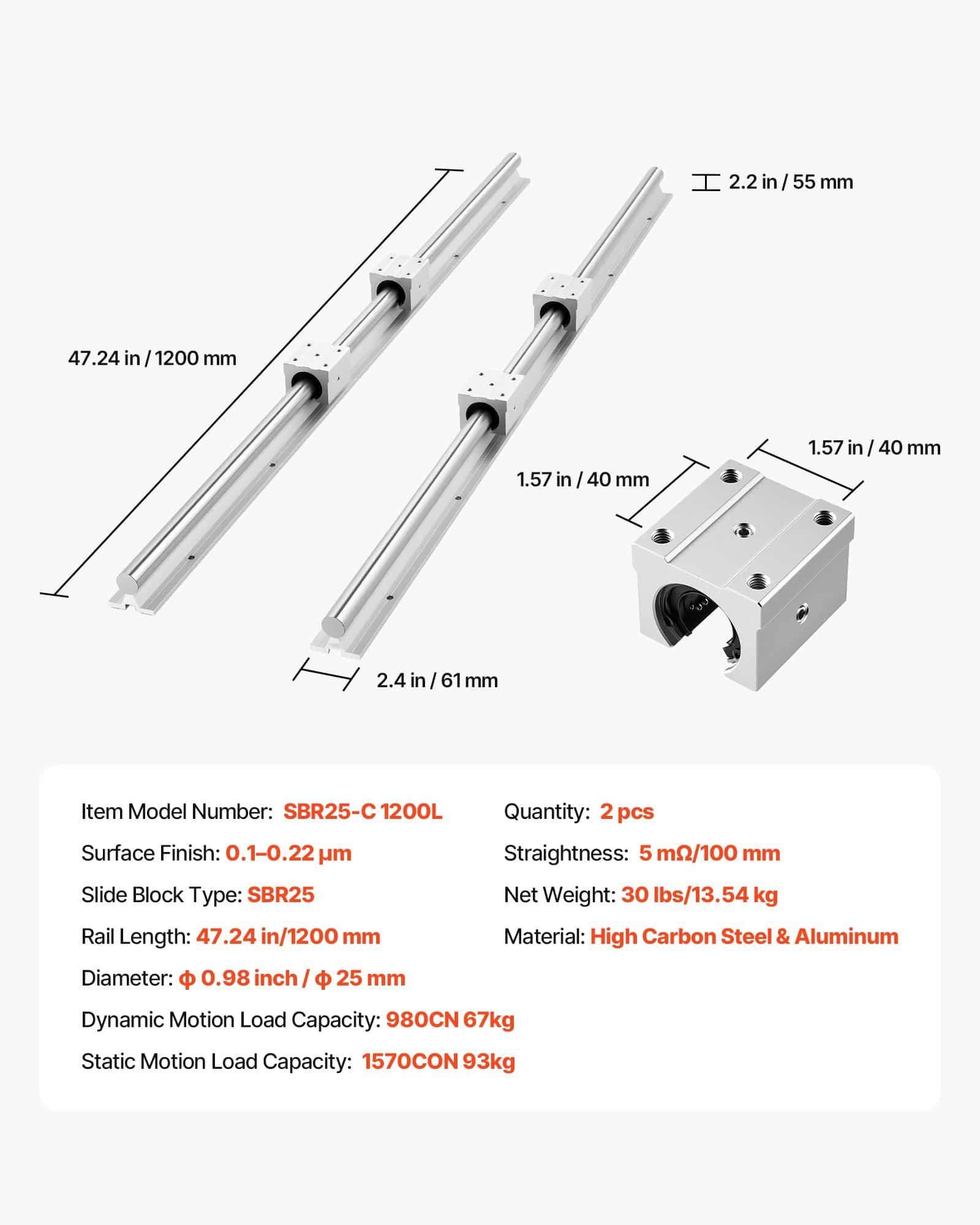 VEVOR SBR25 Linear Rail Kit 1200 mm – 2 Rails & 4 Slide Blocks, Precision Guide for CNC Cutting, Milling, Drilling Machines - Image 7