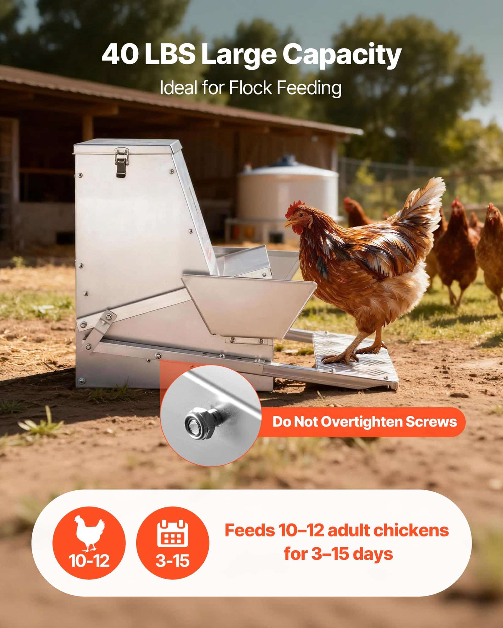 VEVOR 18.14 kg Automatic Chicken Feeder, Rainproof Galvanized Steel Treadle Feeder with Lock Lid, No Waste, Outdoor Poultry Use - Image 3
