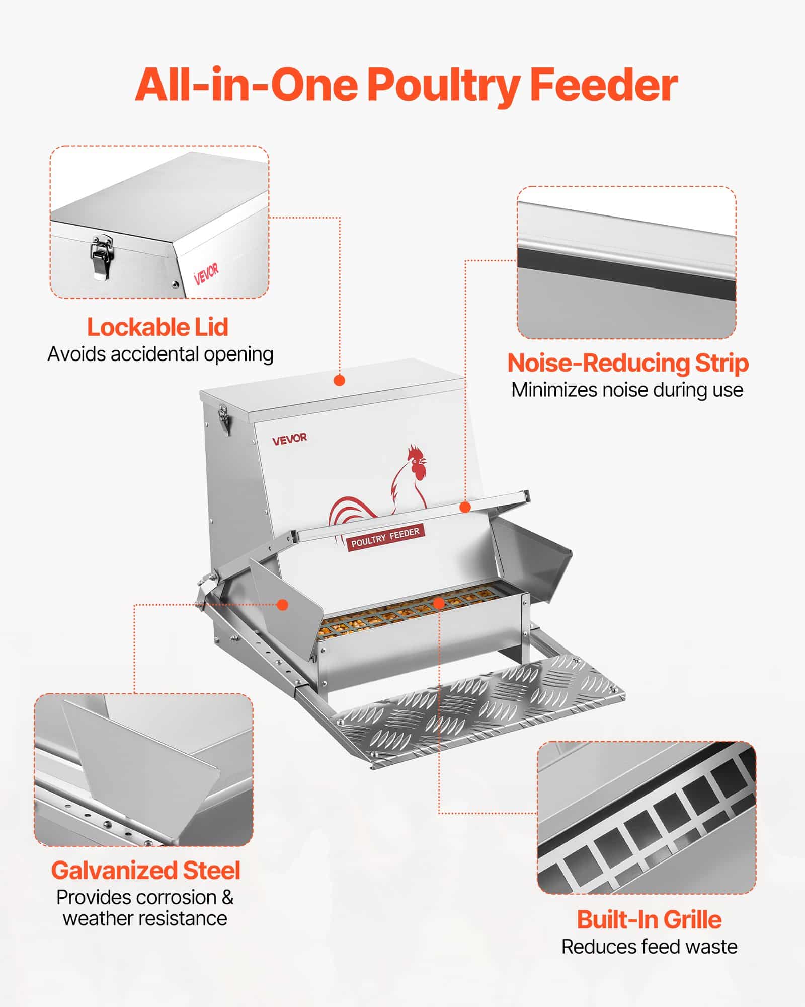VEVOR 18.14 kg Automatic Chicken Feeder, Rainproof Galvanized Steel Treadle Feeder with Lock Lid, No Waste, Outdoor Poultry Use - Image 6