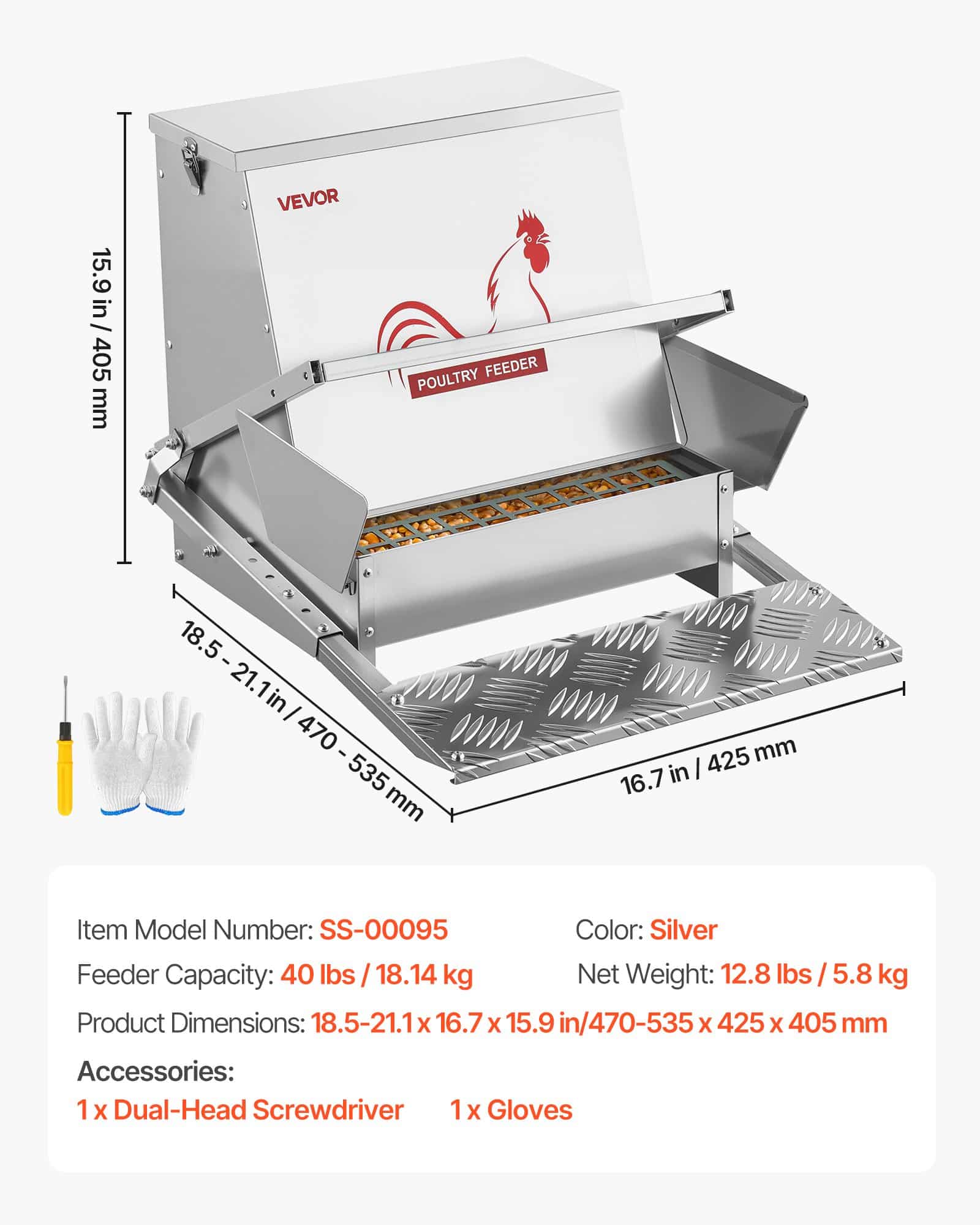 VEVOR 18.14 kg Automatic Chicken Feeder, Rainproof Galvanized Steel Treadle Feeder with Lock Lid, No Waste, Outdoor Poultry Use - Image 7